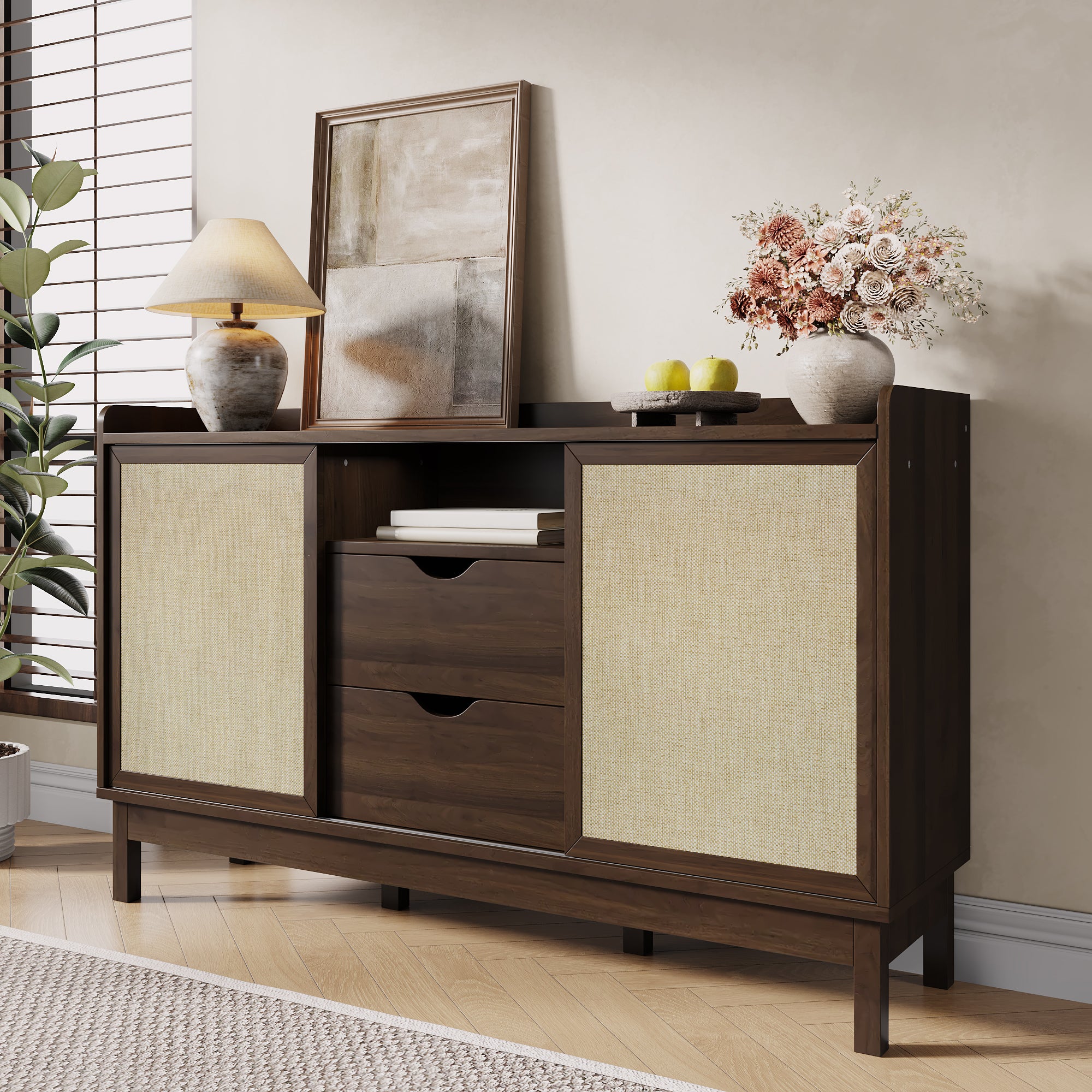 Sideboard Sliding Doors Double Drawers Multifunctional Storage