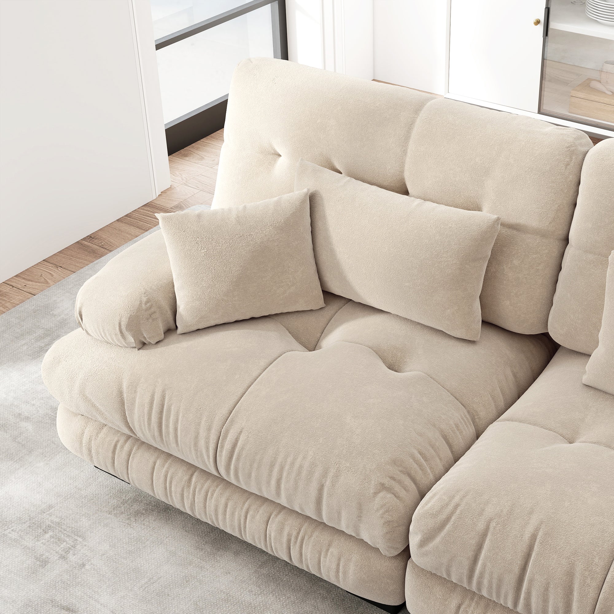 Cloud Corner Sofa, Double with Lumbar & Decorative Pillows, Ottoman, Chenille Light Brown