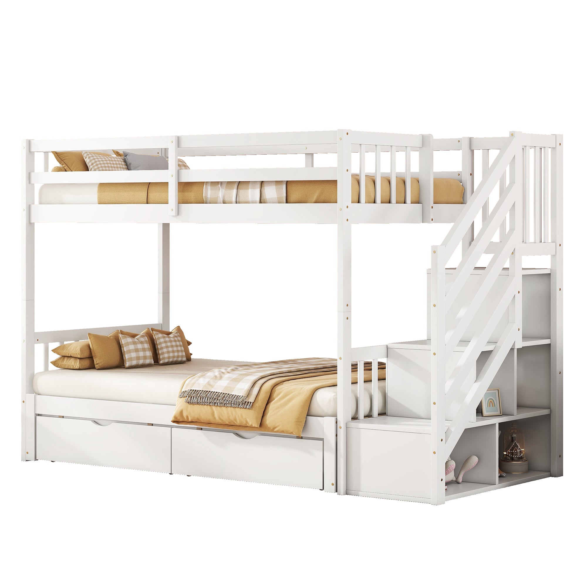 Bunk Bed 90x200cm, Pull-Out Bed, Stowable Steps, 2 Drawers, Pine Wood, White