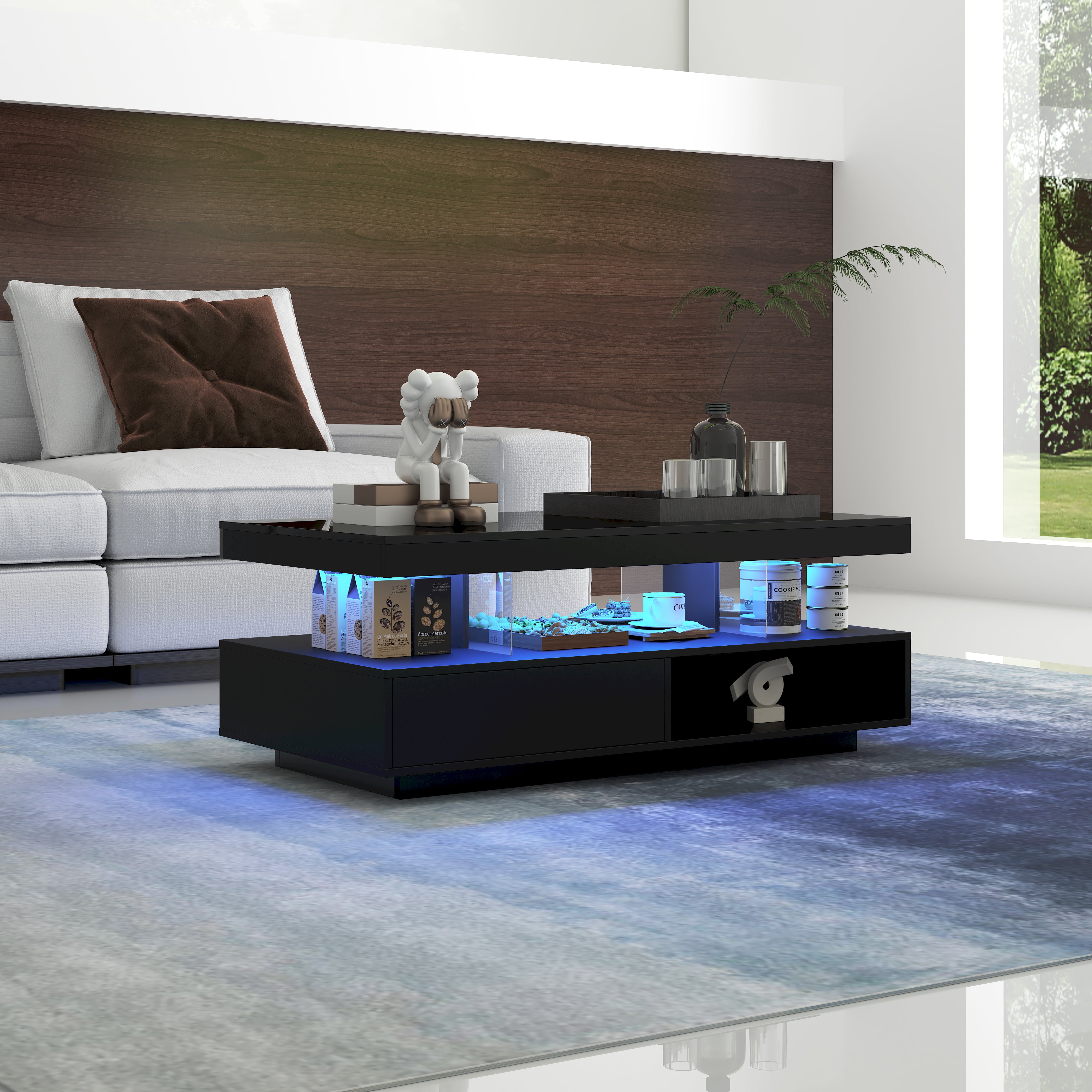 Black High-Gloss Coffee Table with Glass Tops & Drawers