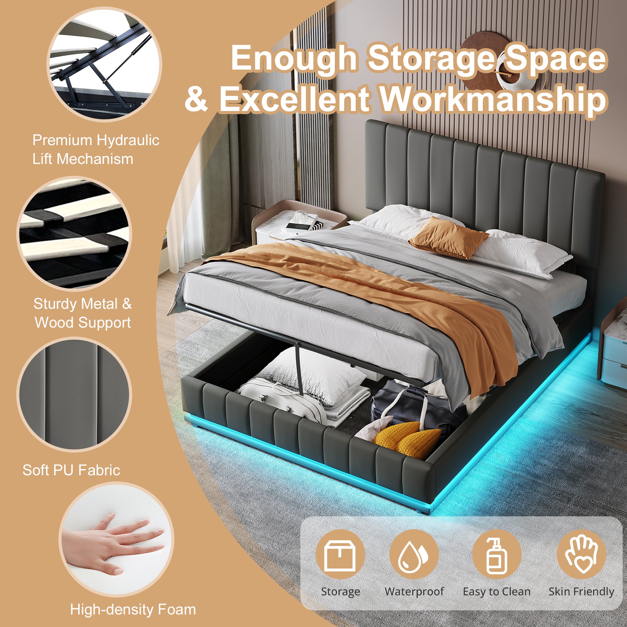 Ottoman King Bed with LED Lighting, Hydraulic Storage, and Adjustable Channel Tufted Headboard, Grey PU Leather