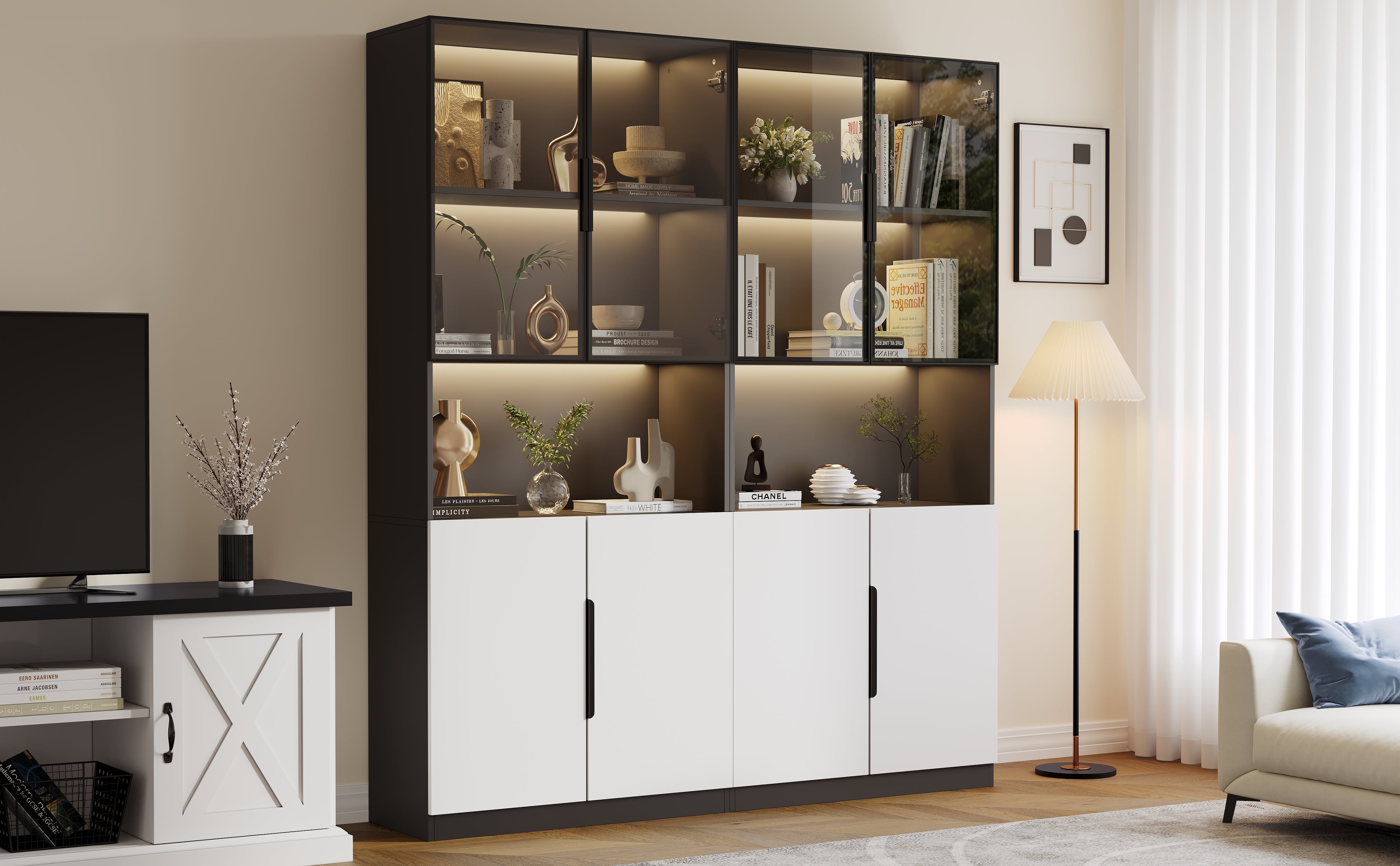 Modern Minimalist Display Cabinet, Glass Doors, LED Lights, White/Black