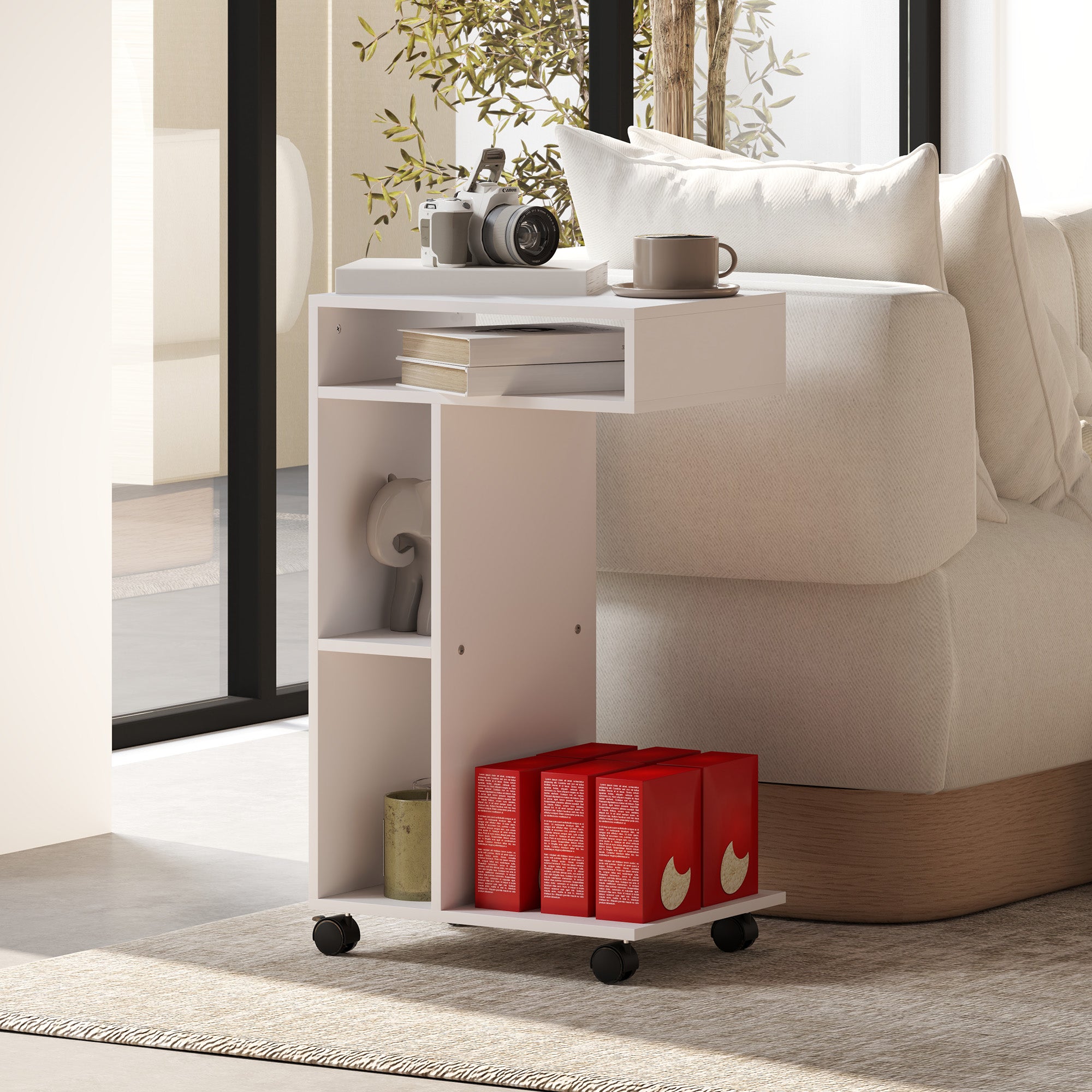 Side Table with Wheels, 4 Shelves, White