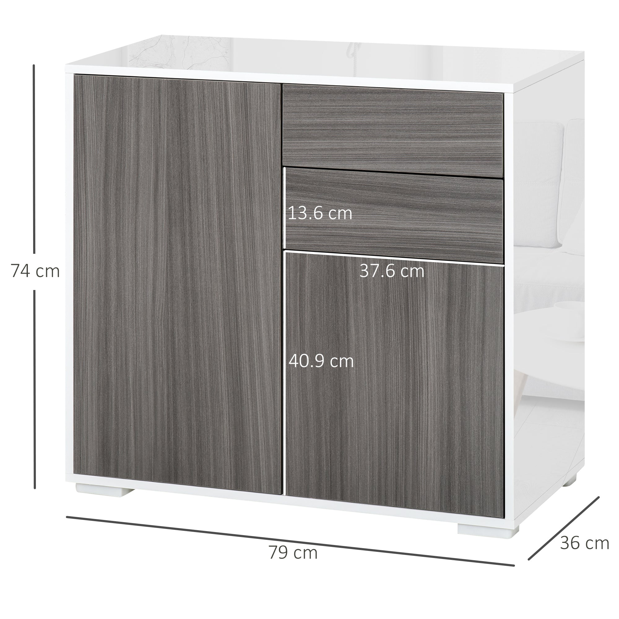 Sideboard Cabinet, High Gloss Frame Push-Open with 2 Drawers, Grey