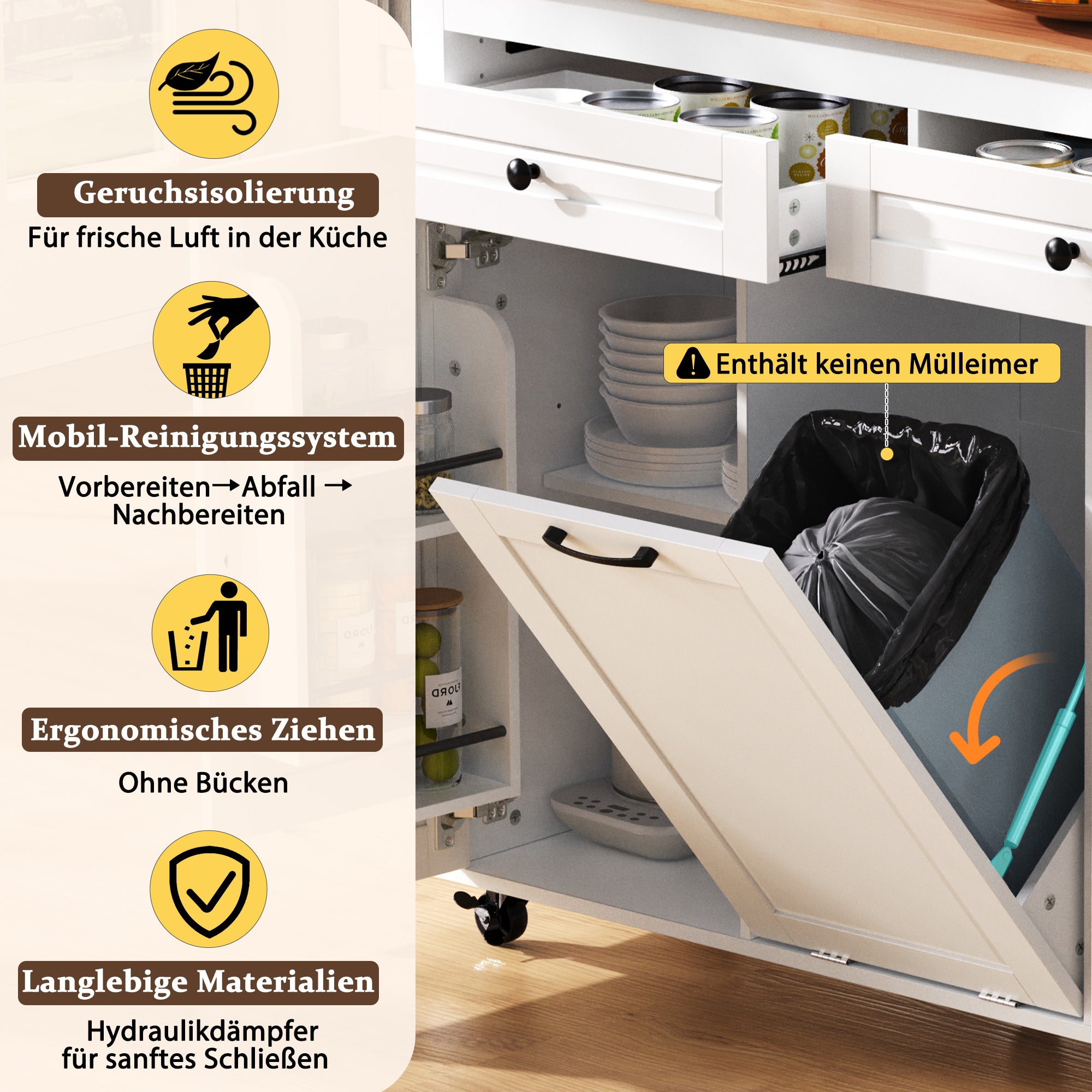 Kitchen Island Extendable Worktop Power Strips Waste Bin - White