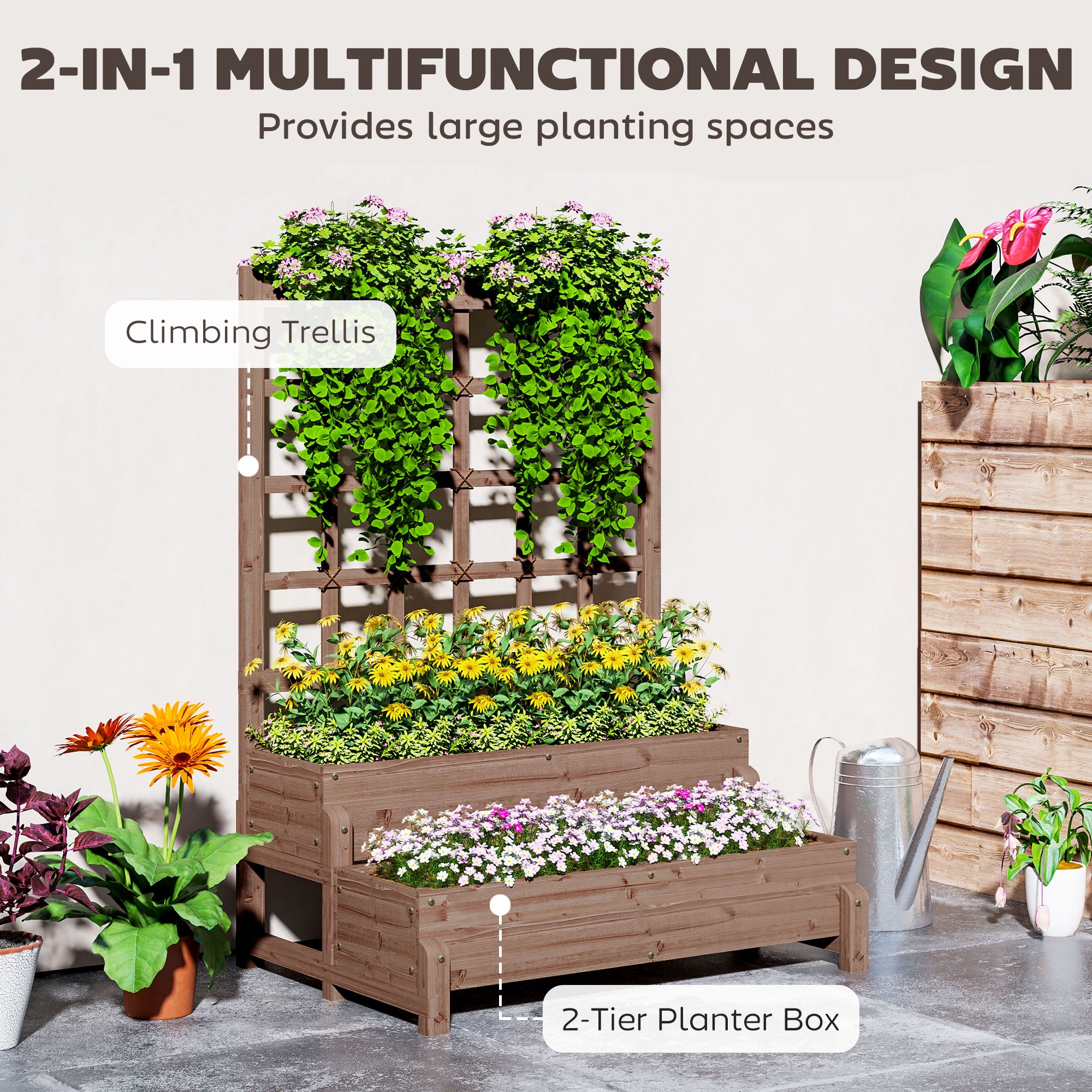 2-Tier Raised Garden Bed with Trellis and Drainage Holes, Elevated Wooden Planter, Brown