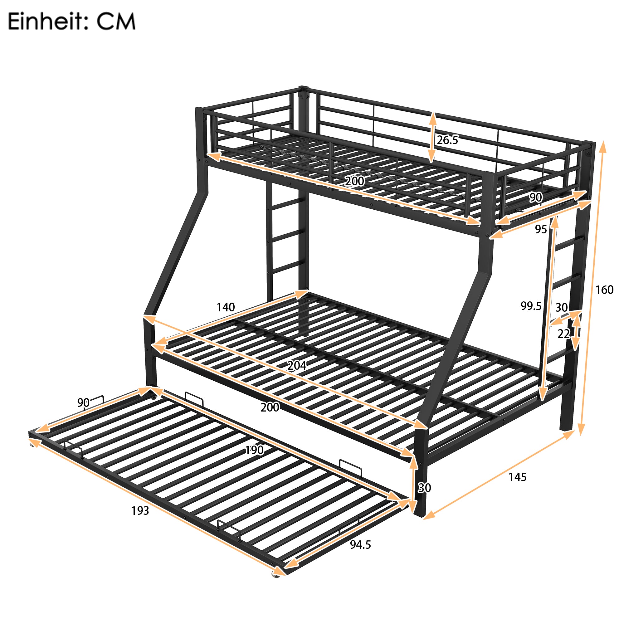 Bunk Bed Pull-Out Bed Ladder on Both Sides Metal, Black
