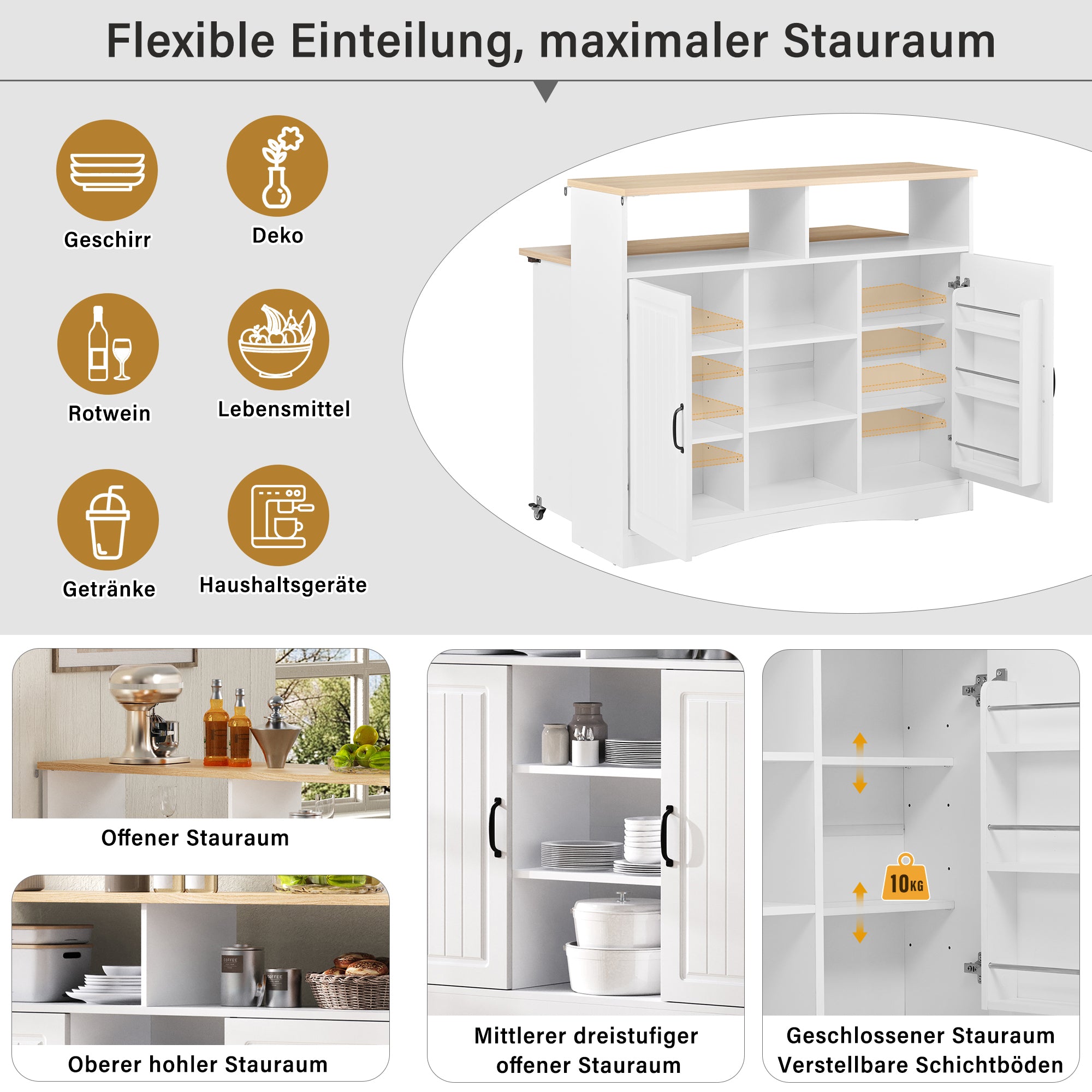 Kitchen Island on Wheels Extendable Dining Area Storage with Chairs - White