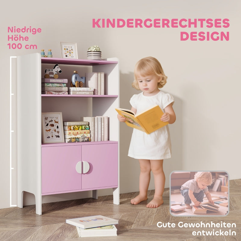 Kids Bookcase, 2 Shelves 2 Cabinets Freestanding, Pink+White MDF