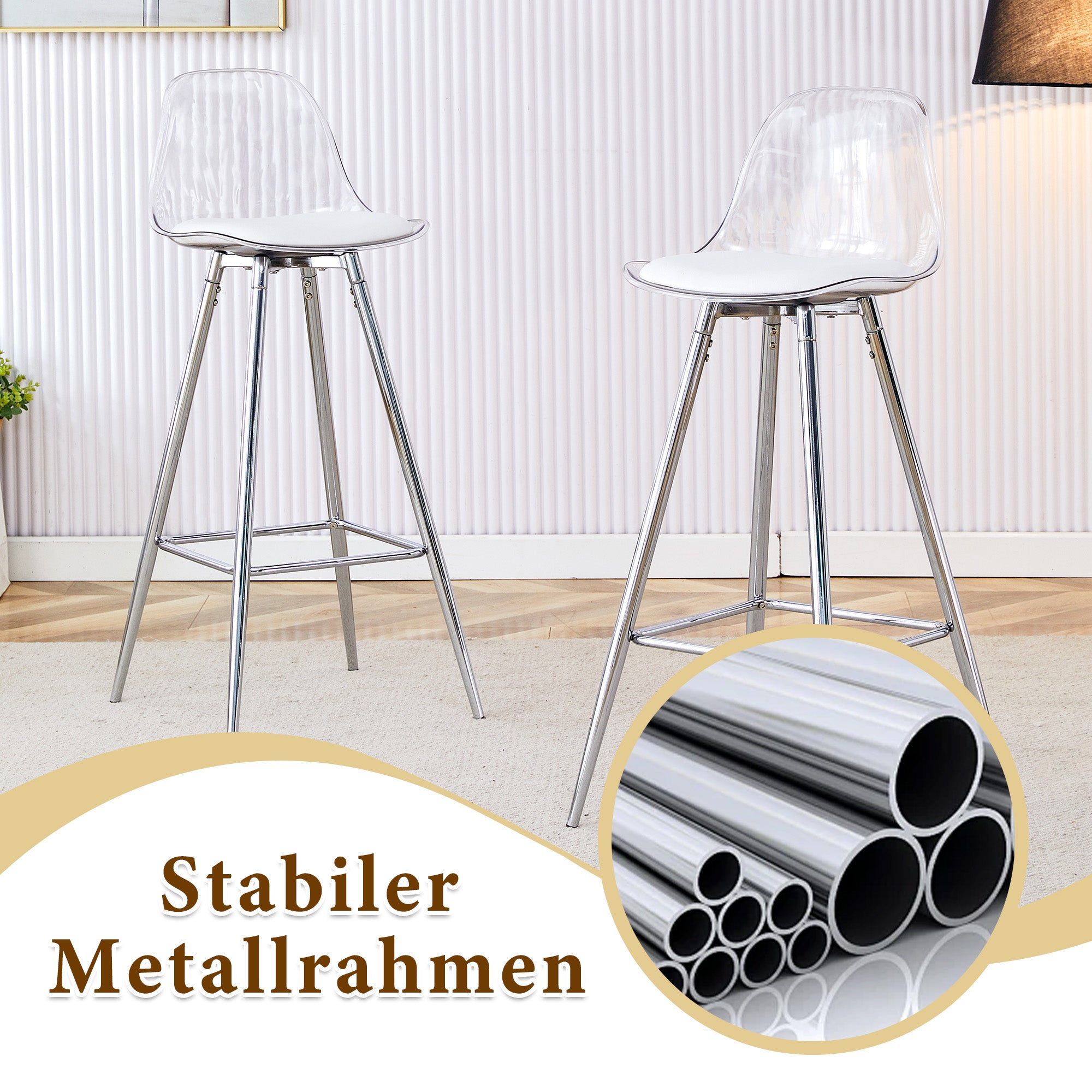 Flexible Bar Set, Round Table 89 cm, 2 Stools, Glass & Silver