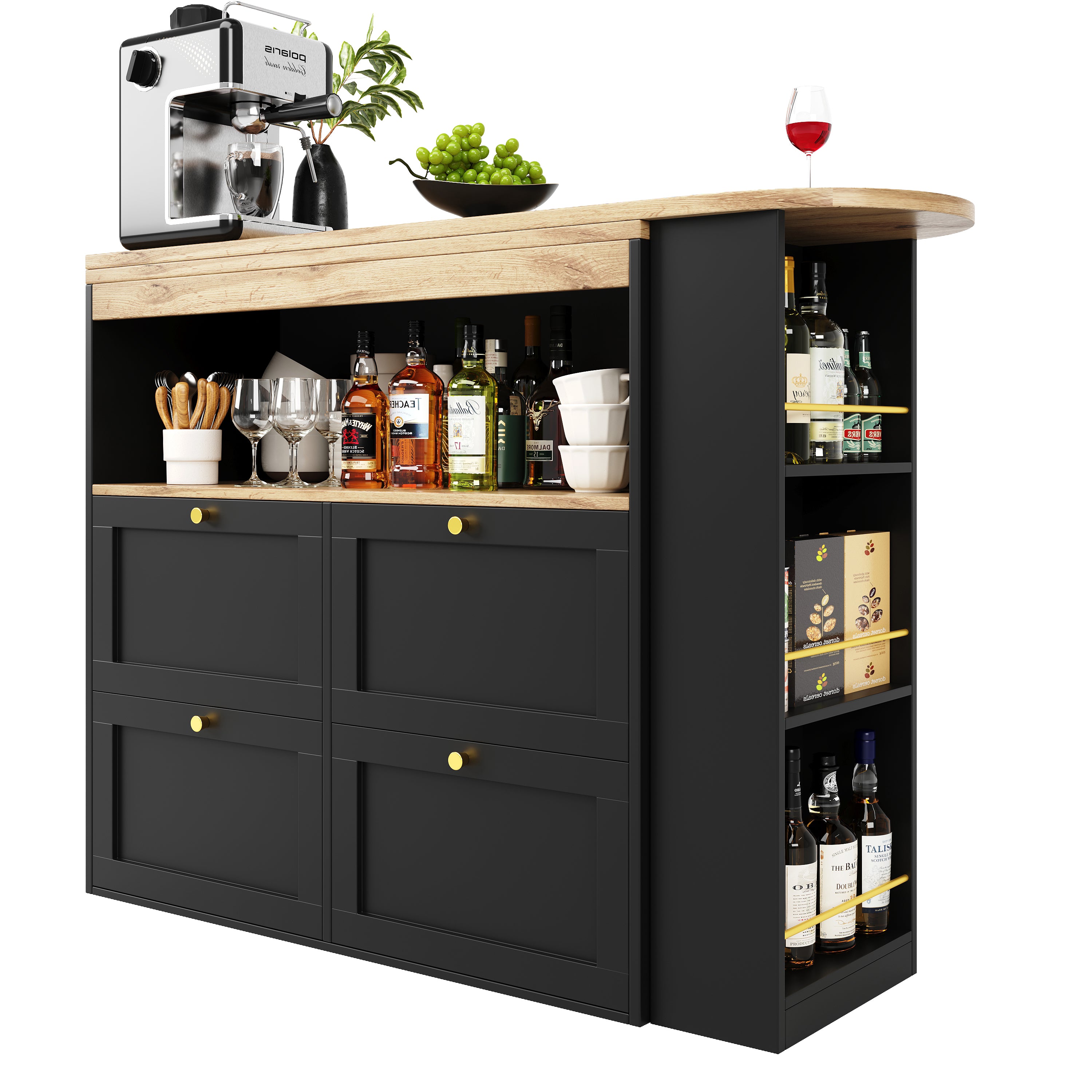 360° Rotating Bar Table with 4 Drawers and Open Shelves Storage