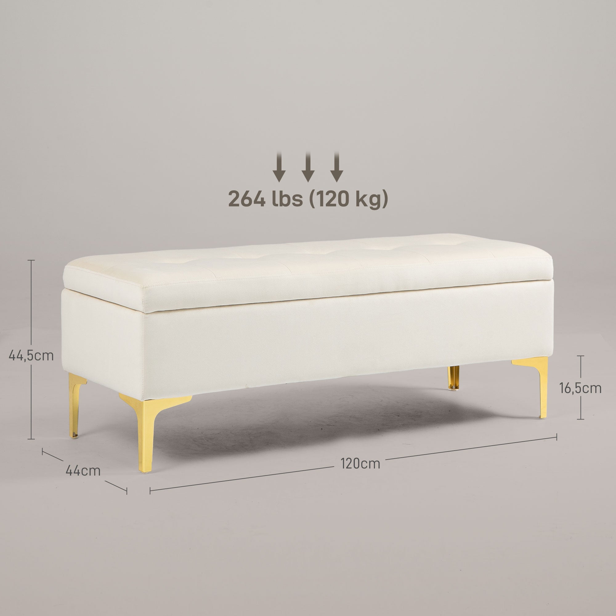 Storage Bench Upholstered Metal Legs, Velvet Look Beige