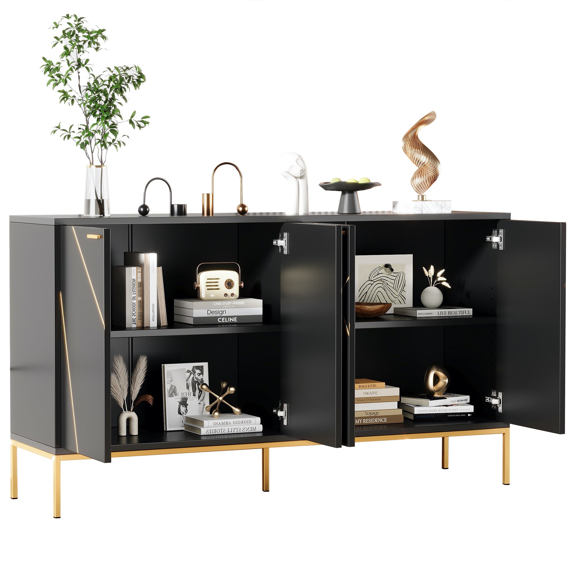 Sideboard four doors metal feet TV cabinet wardrobe linear design black and gold