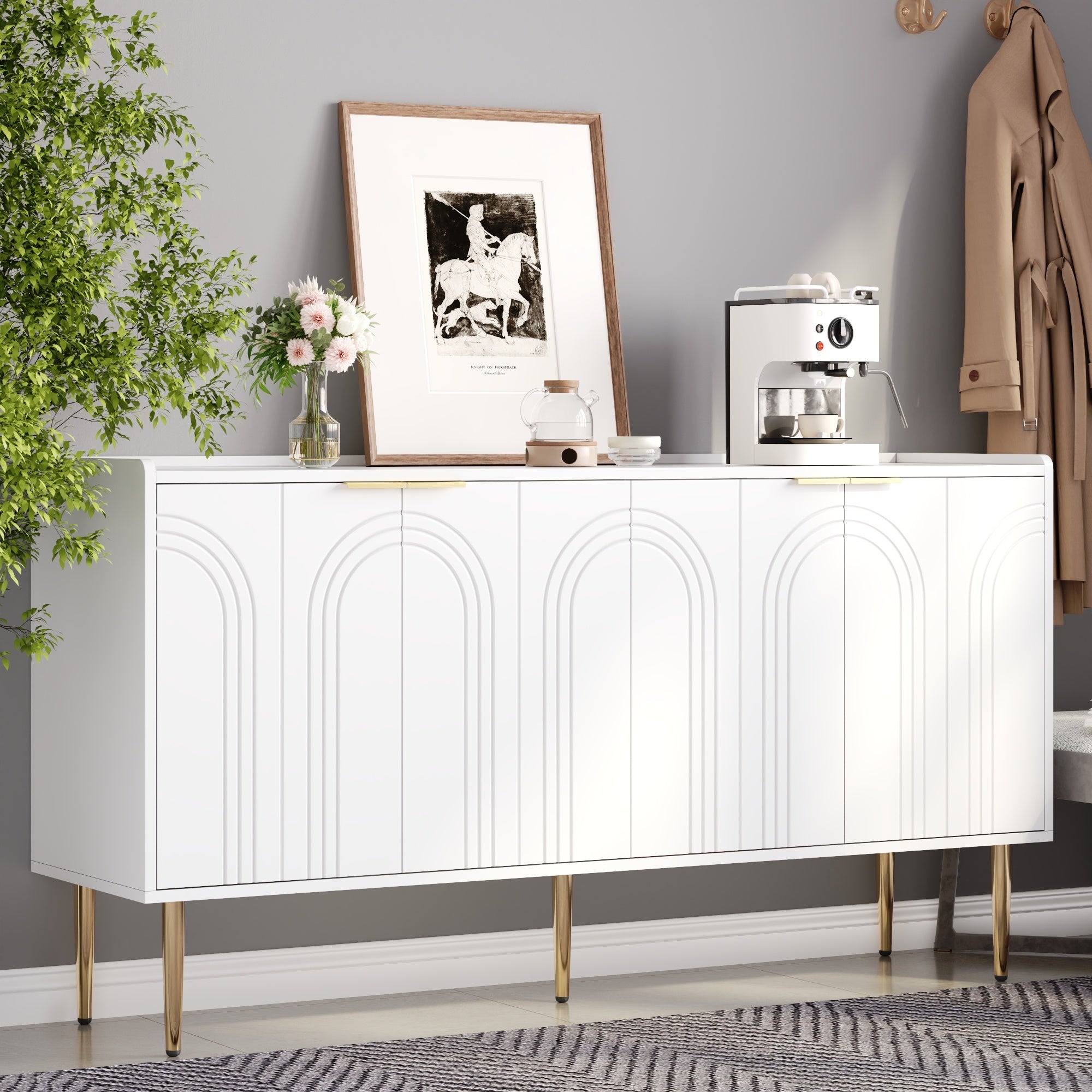 Sideboard Cabinet Buffet Storage Set, 140L x 38W x 75H cm, White MDF