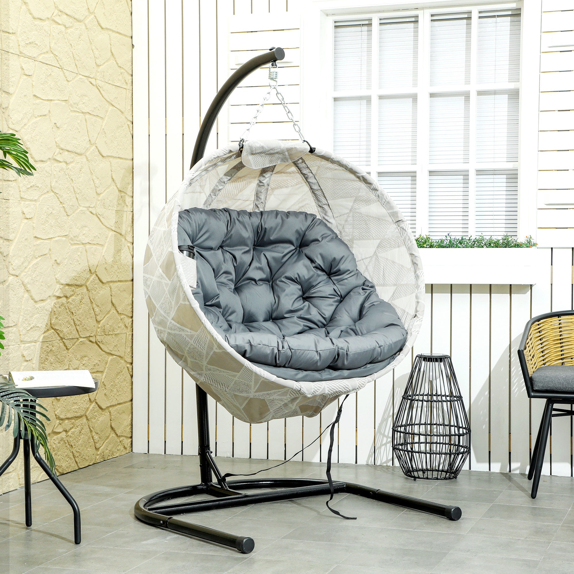 Hanging Egg Chair with Stand, Folding Basket & Cup Holder, Grey