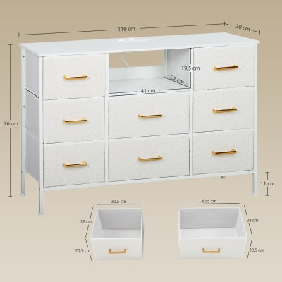 Chest of Drawers 8 Fabric Drawers Power Strip Steel Frame - Cream White