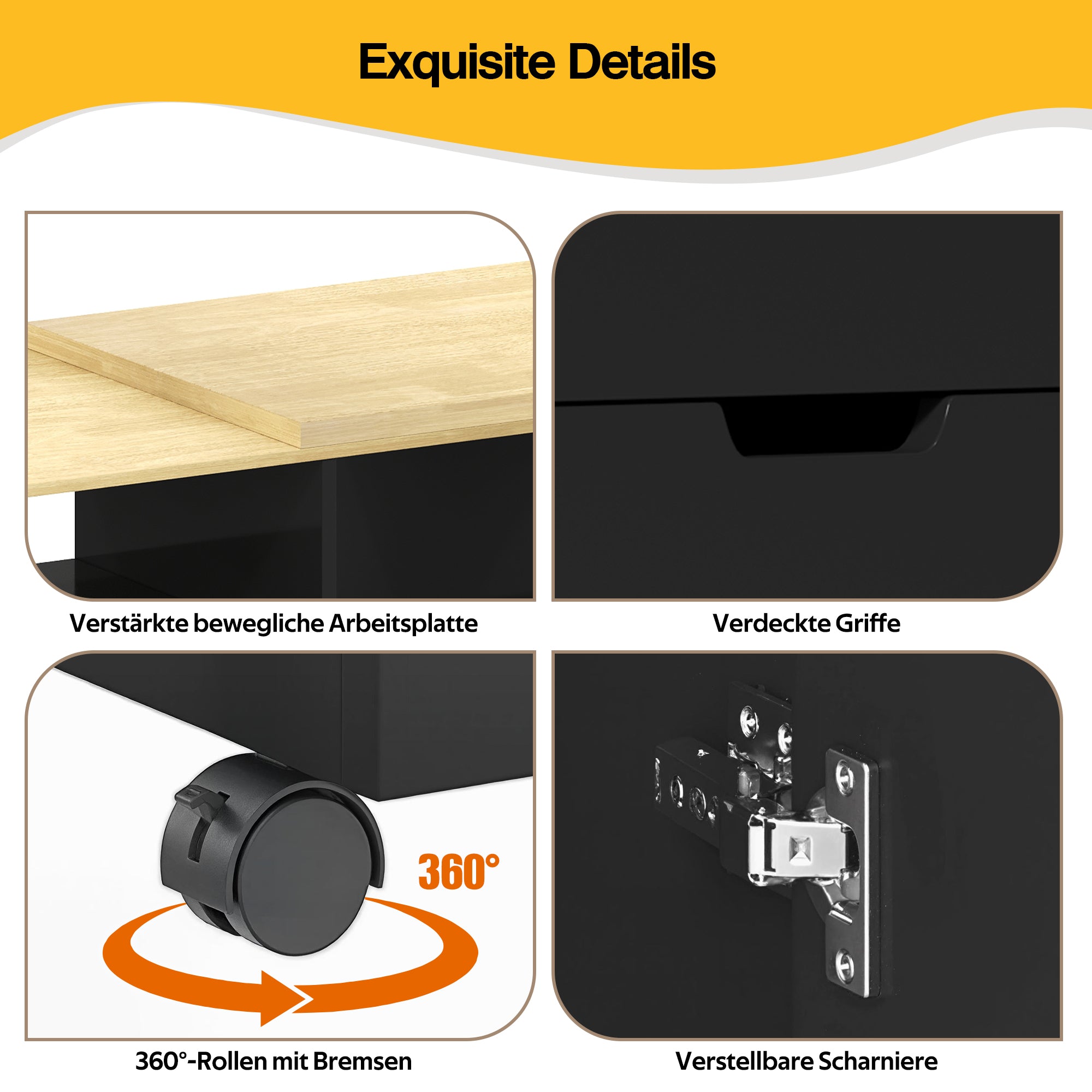 Kitchen Island with Extendable Worktop and Storage Drawers, Wood Look