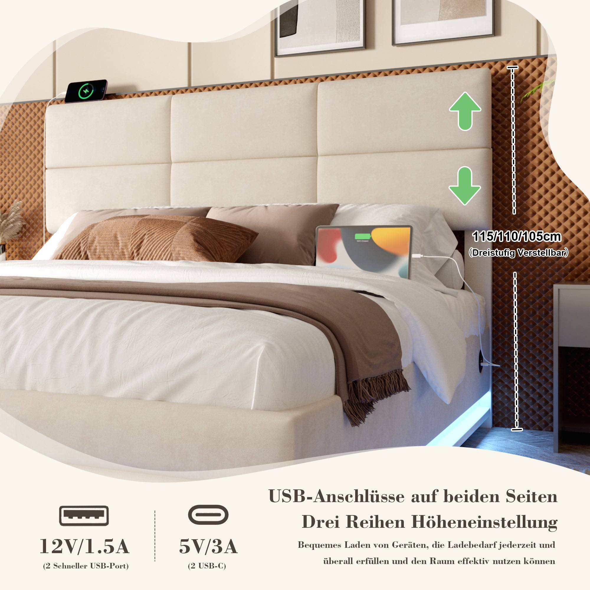 Upholstered Bed, 140x200cm Modern with Adjustable Headboard, USB/Type-C, LED, Hydraulic Lift, XXL Storage - Beige
