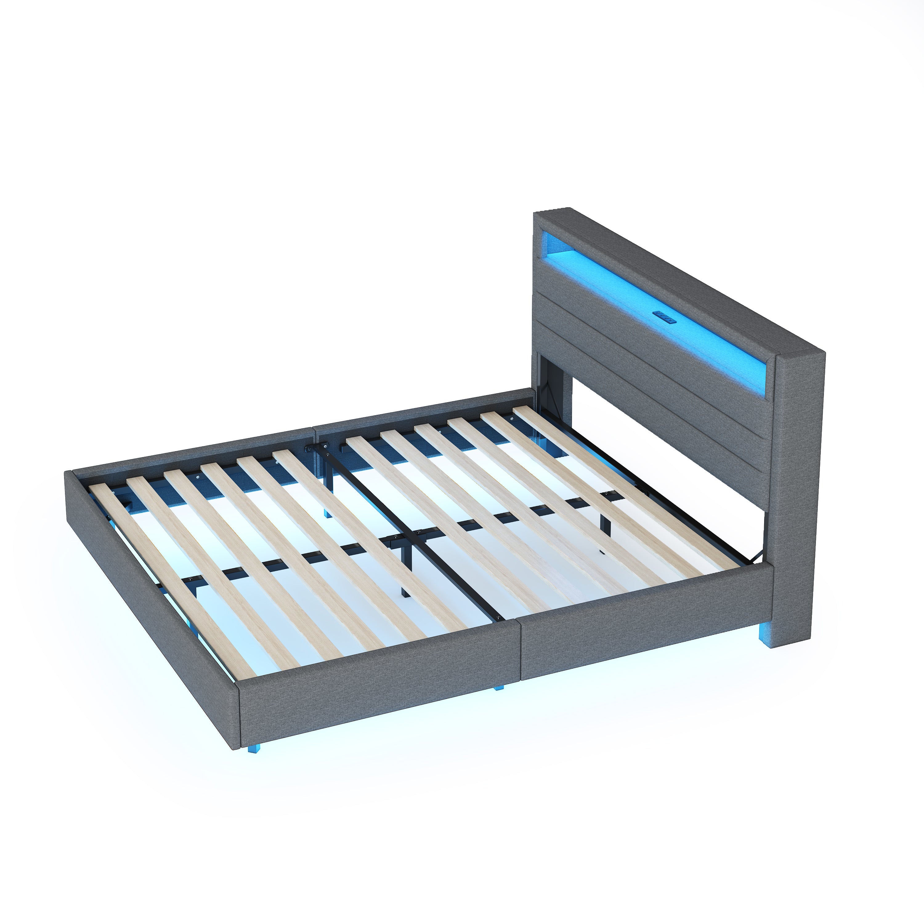 Upholstered Bed 140x200cm, USB & LED, Reversible Headboard, Linen Fabric Grey