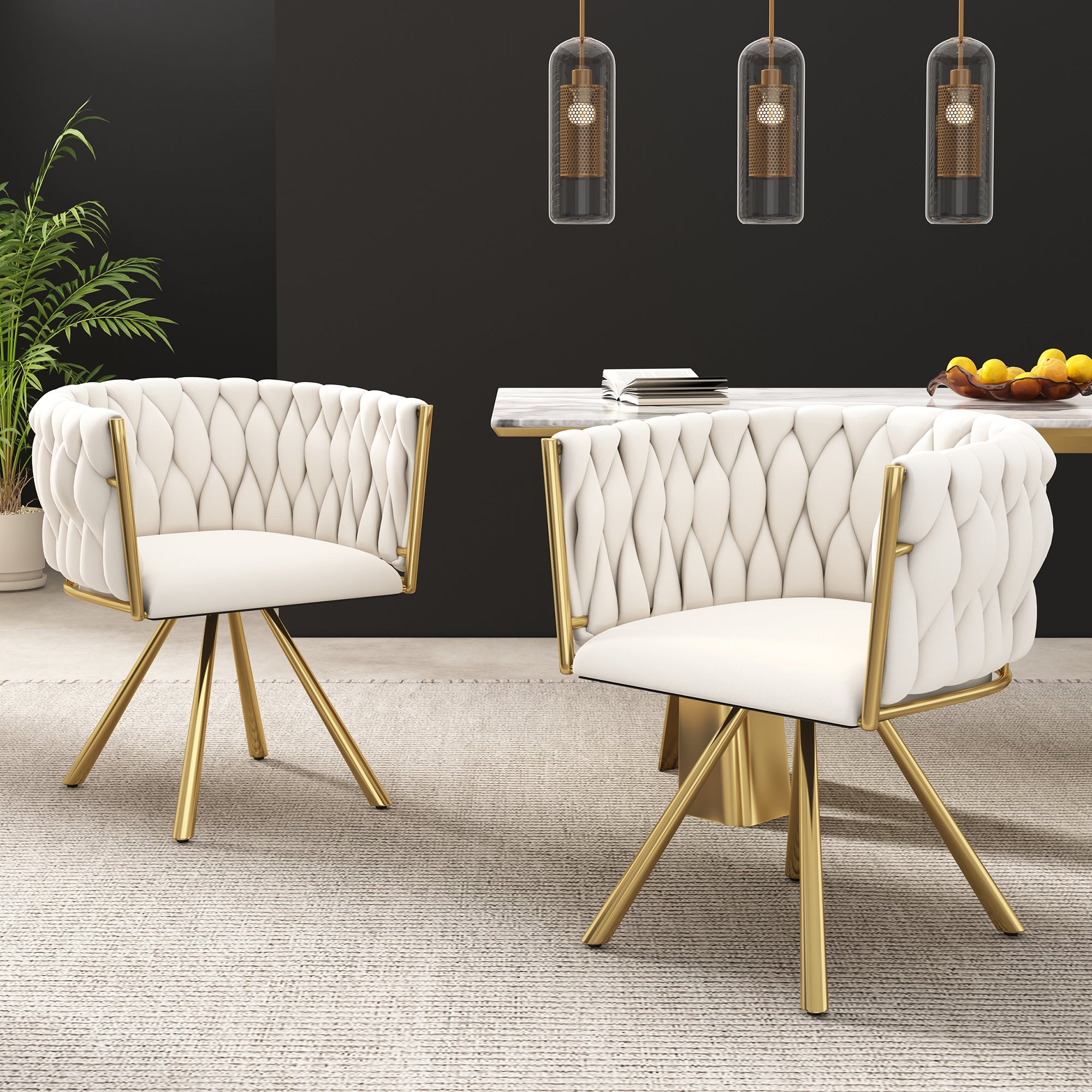 Velvet Dining Chair Set of 2, Swivel Chair with Metal Support Legs, Beige and Gold