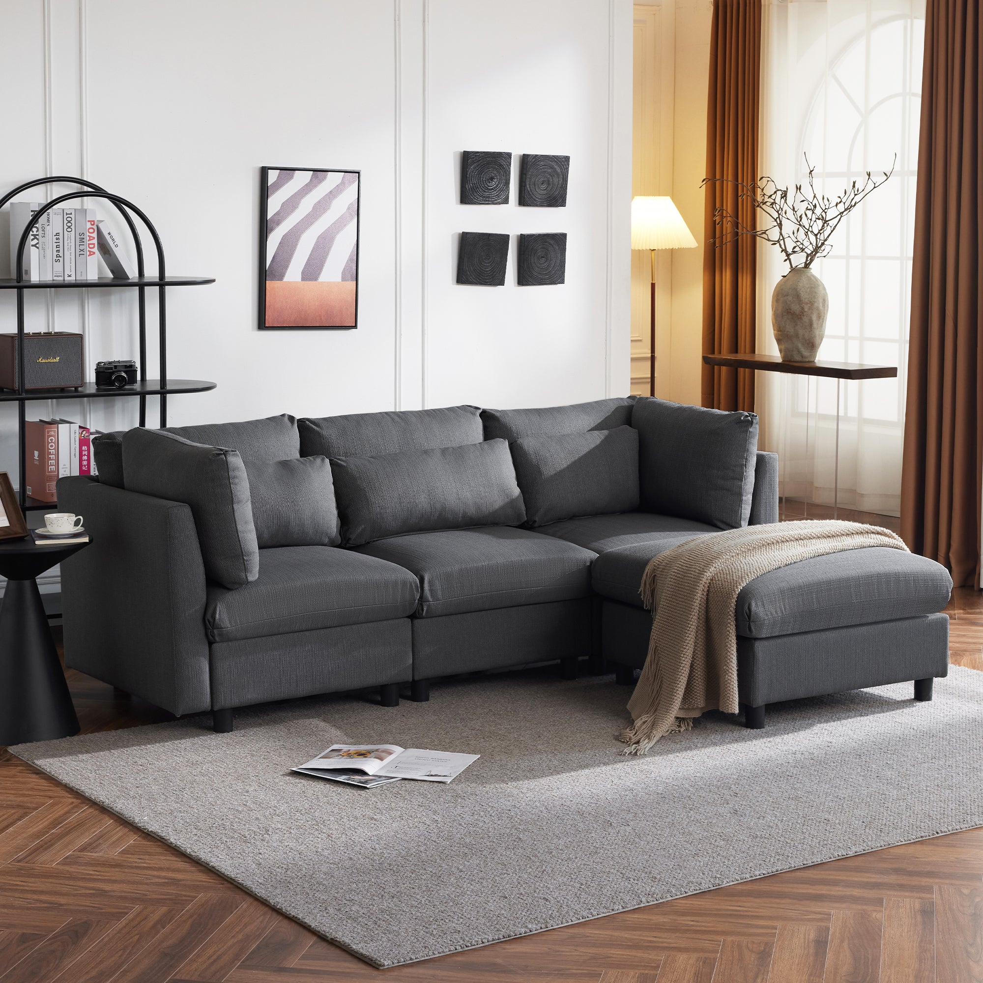 Sofa, Three-Seater L-Shaped Corner with Footstool, Upholstered