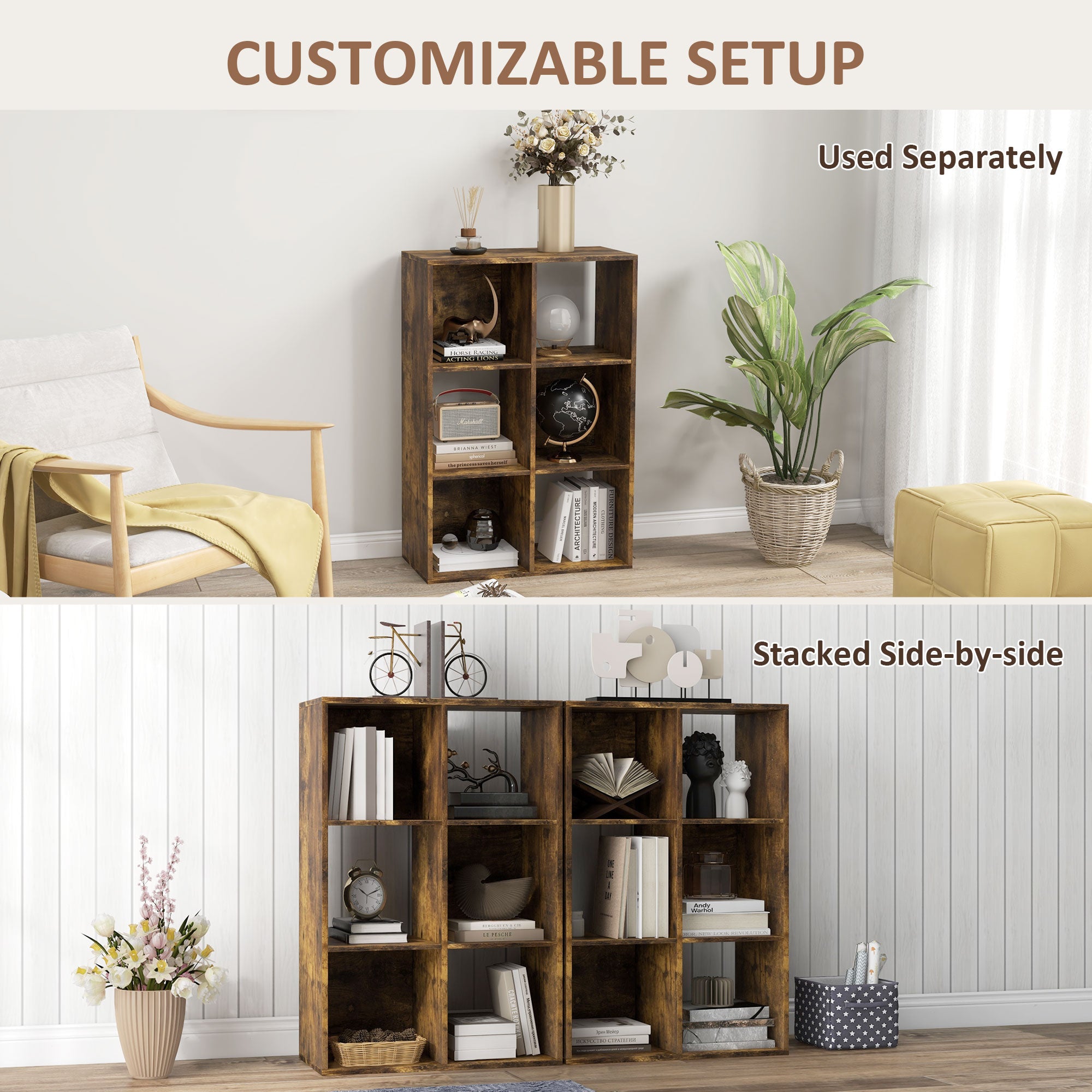 Bookshelf 6-Cube Storage Unit - Rustic Brown