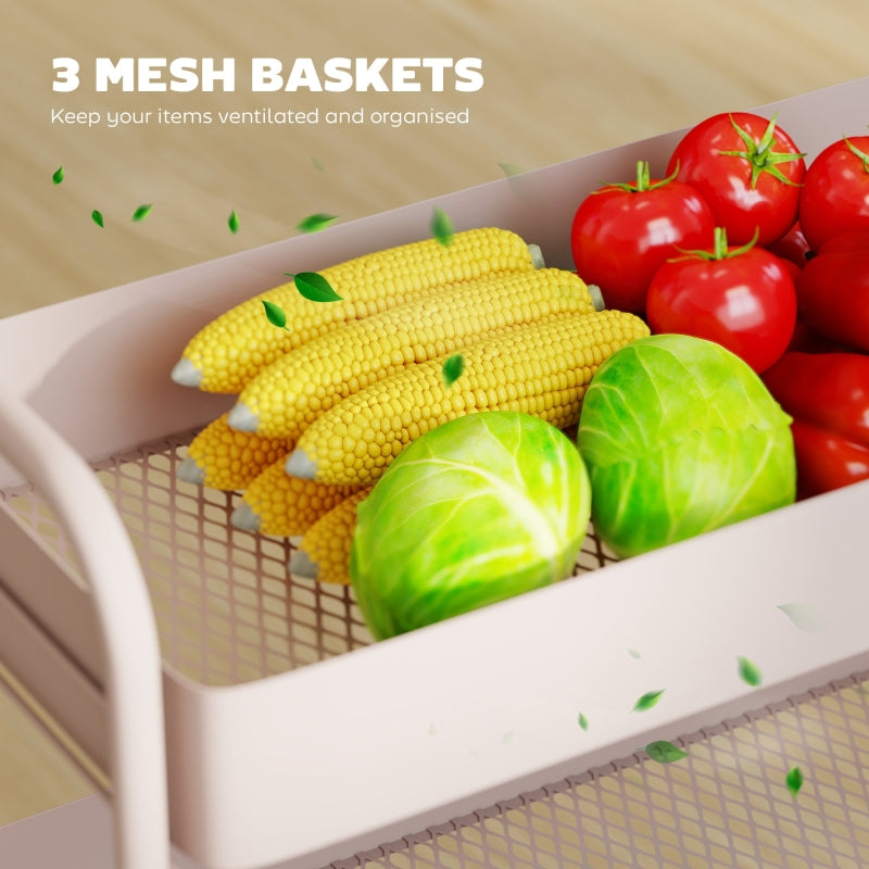 3-Tier Storage Trolley on Wheels Utility Cart Mesh Baskets Light Pink