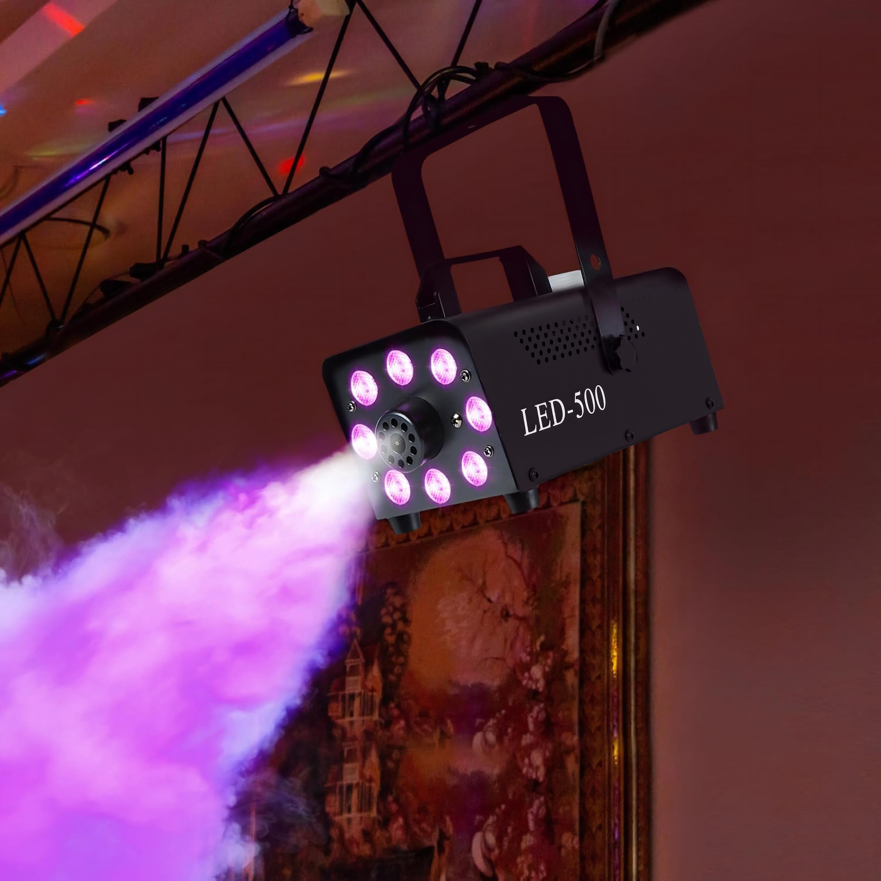 Fog machine 450W with 13 colored LED lights and RGB effect, wired and wireless remote controls