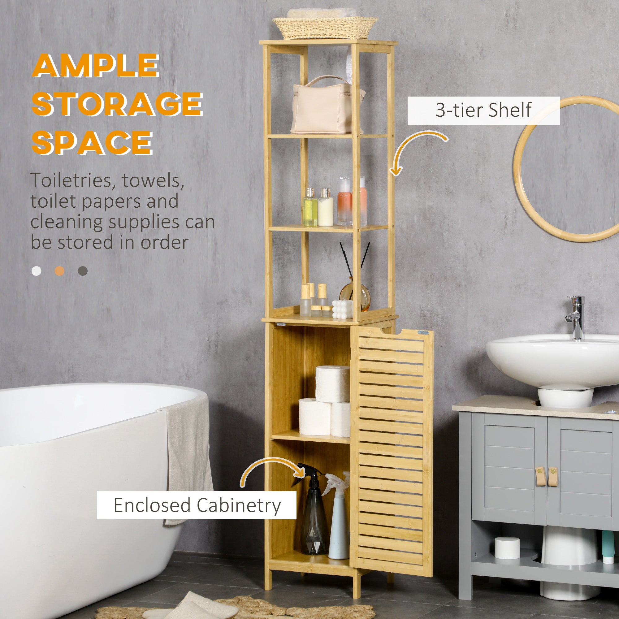 kleankin Bathroom Cabinet, 3 Open Compartments, 1 Cupboard, Bamboo