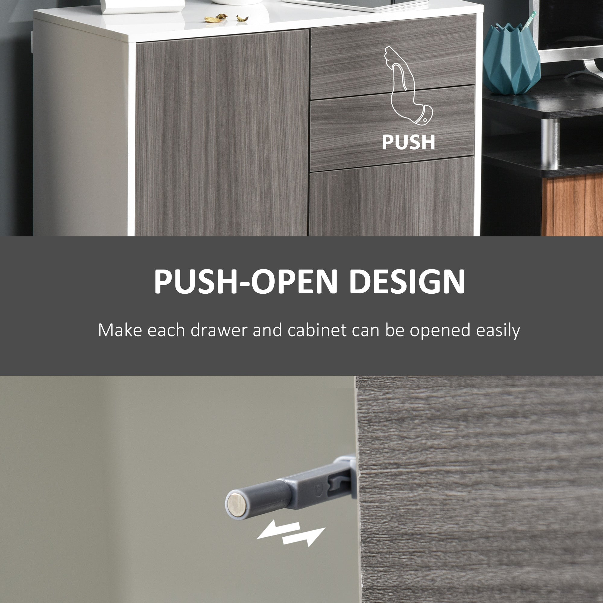 Sideboard Cabinet, High Gloss Frame Push-Open with 2 Drawers, Grey
