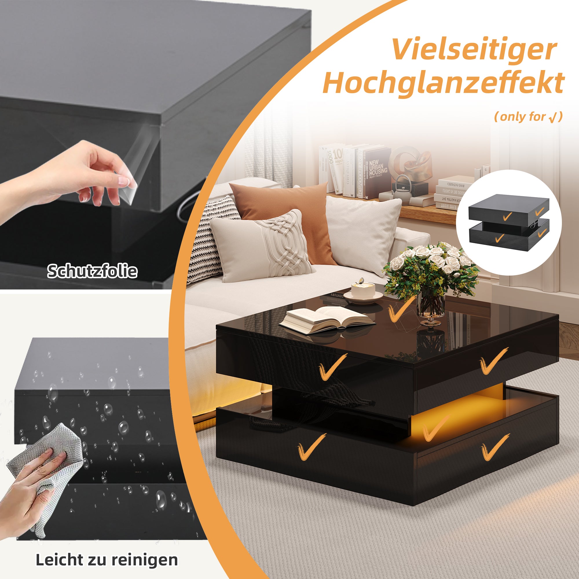 Liftable Coffee Table, 65 x 65 x 38.5 cm, High-Gloss with LED Light Strip, 2 Drawers, Black