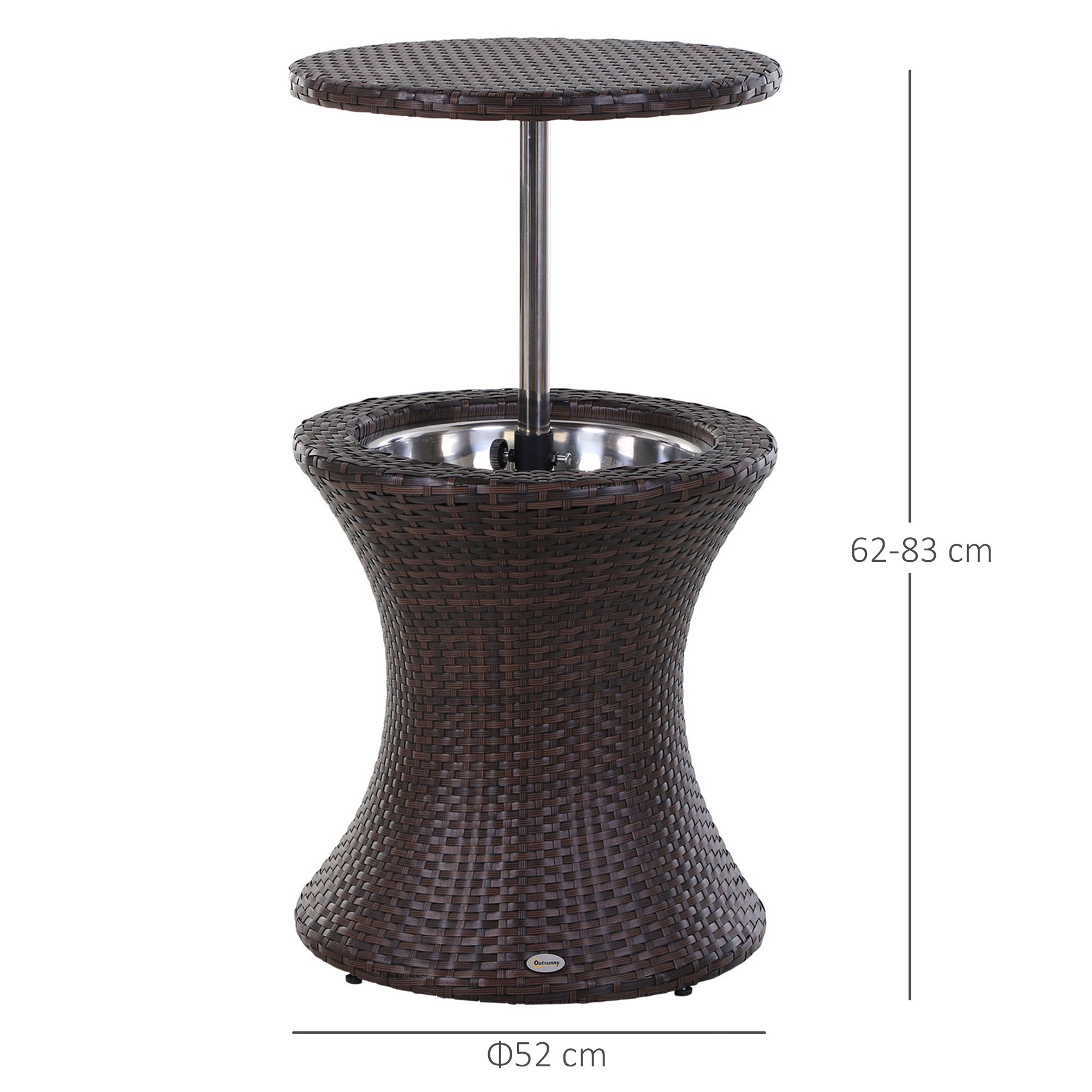 PE Rattan Ice Bucket Table, Height Adjustable Outdoor Drinks Cooler, Round 52 cm, Brown