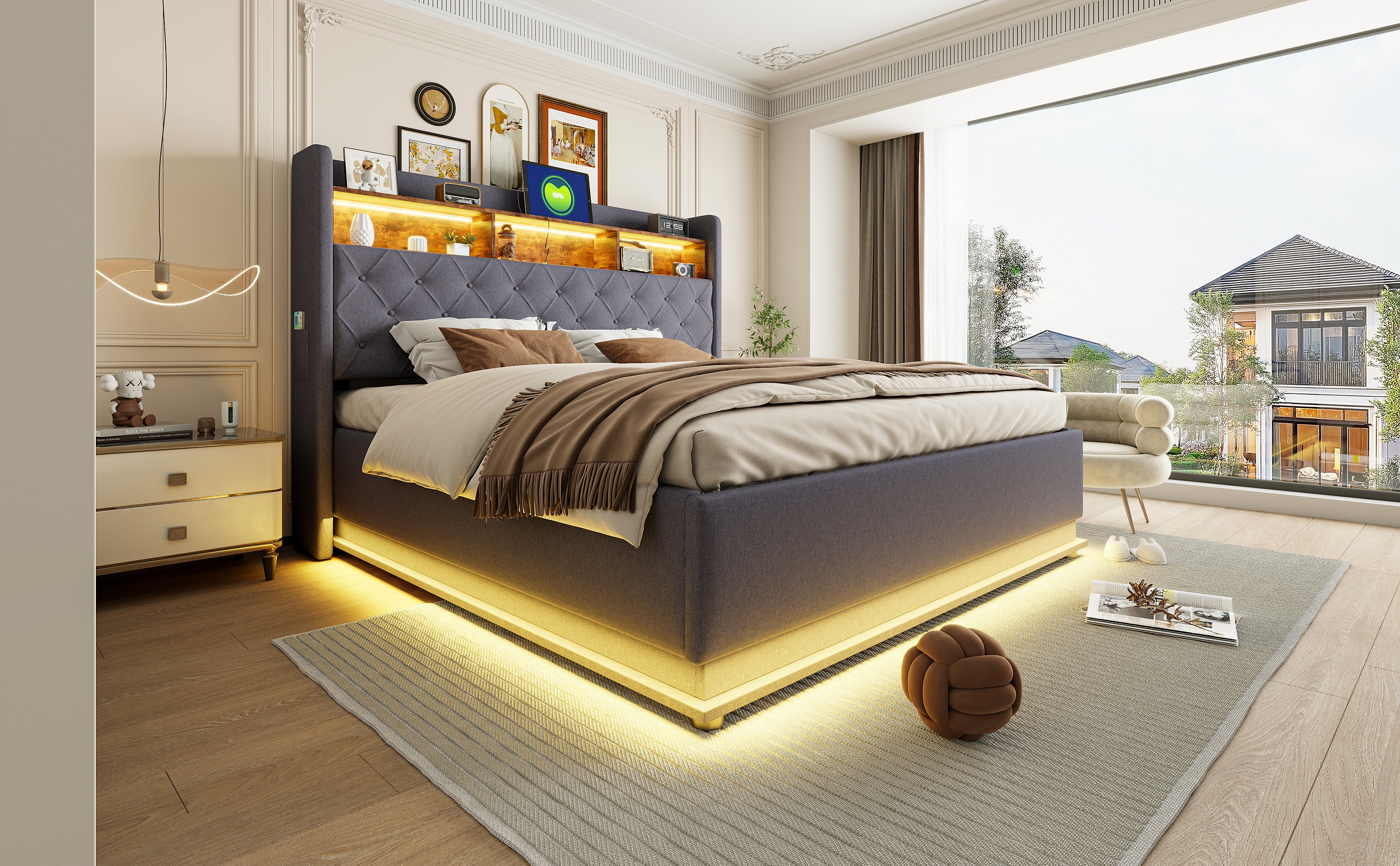 LED upholstered bed with USB and hydraulic storage, linen grey