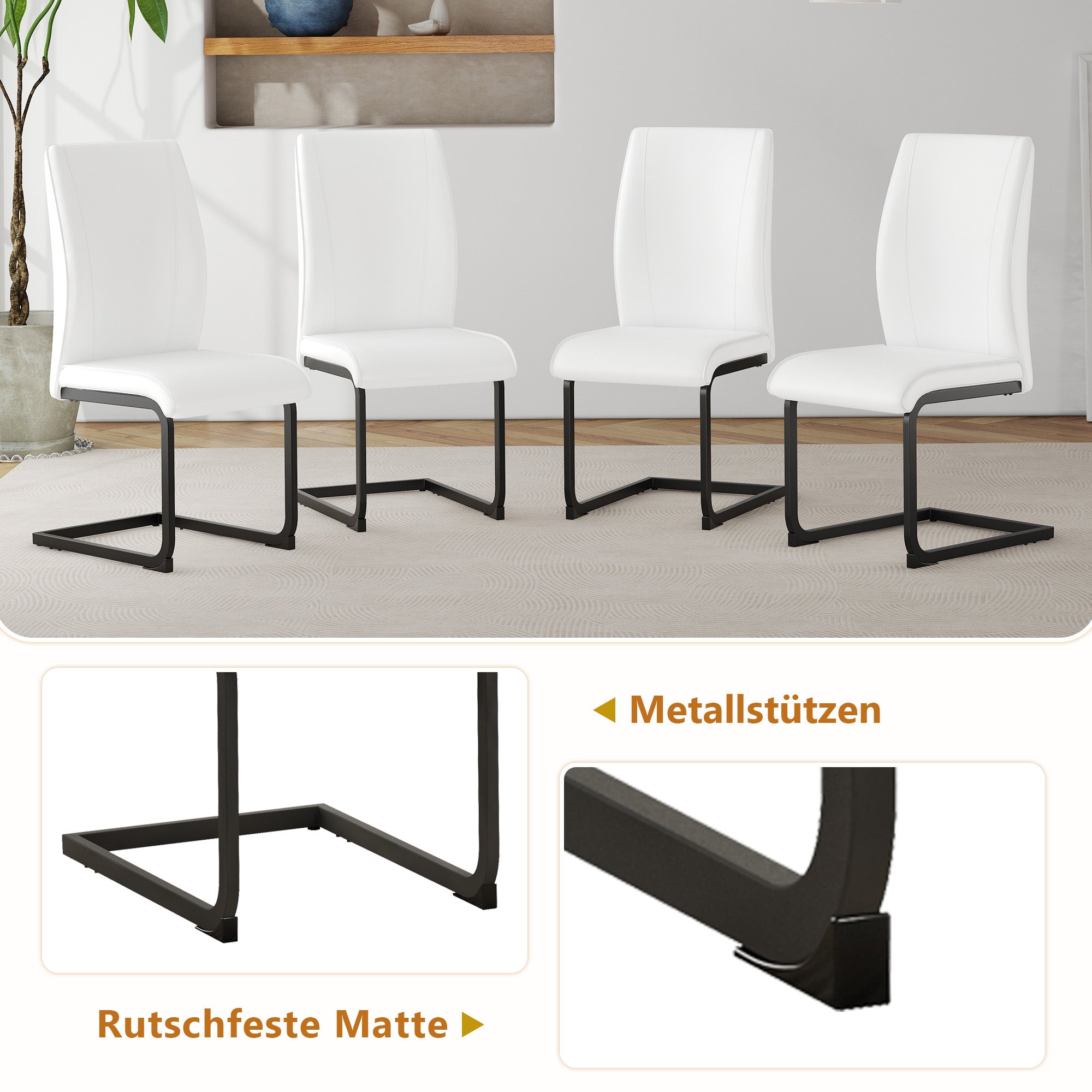 Table Set, Rectangular Dining Table with Storage Shelf and 6 Armchairs 160x90x76 cm, White Faux Leather