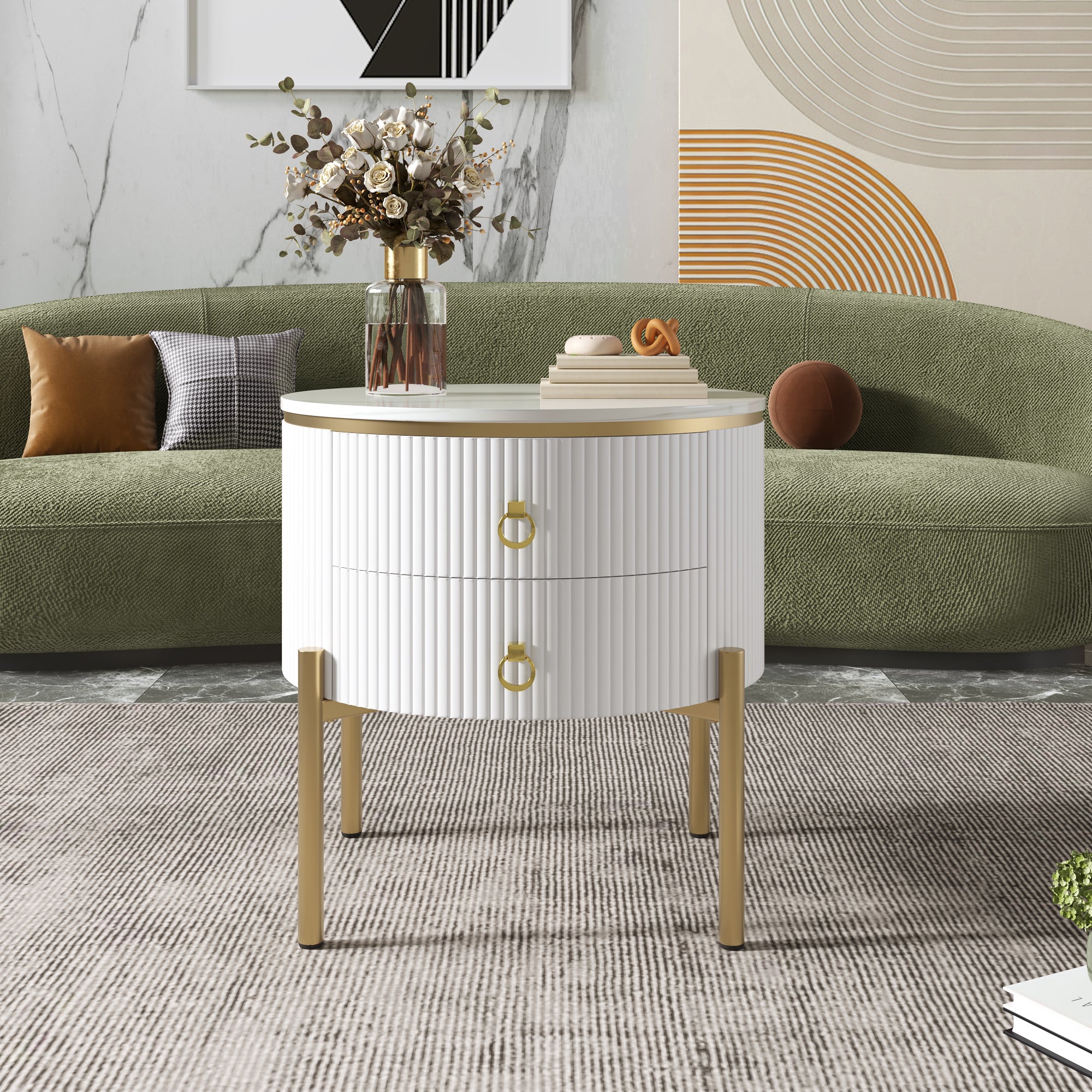 Side Table Coffee Table with Drawers, Adjustable, Gold Legs and Handles, Marble Texture