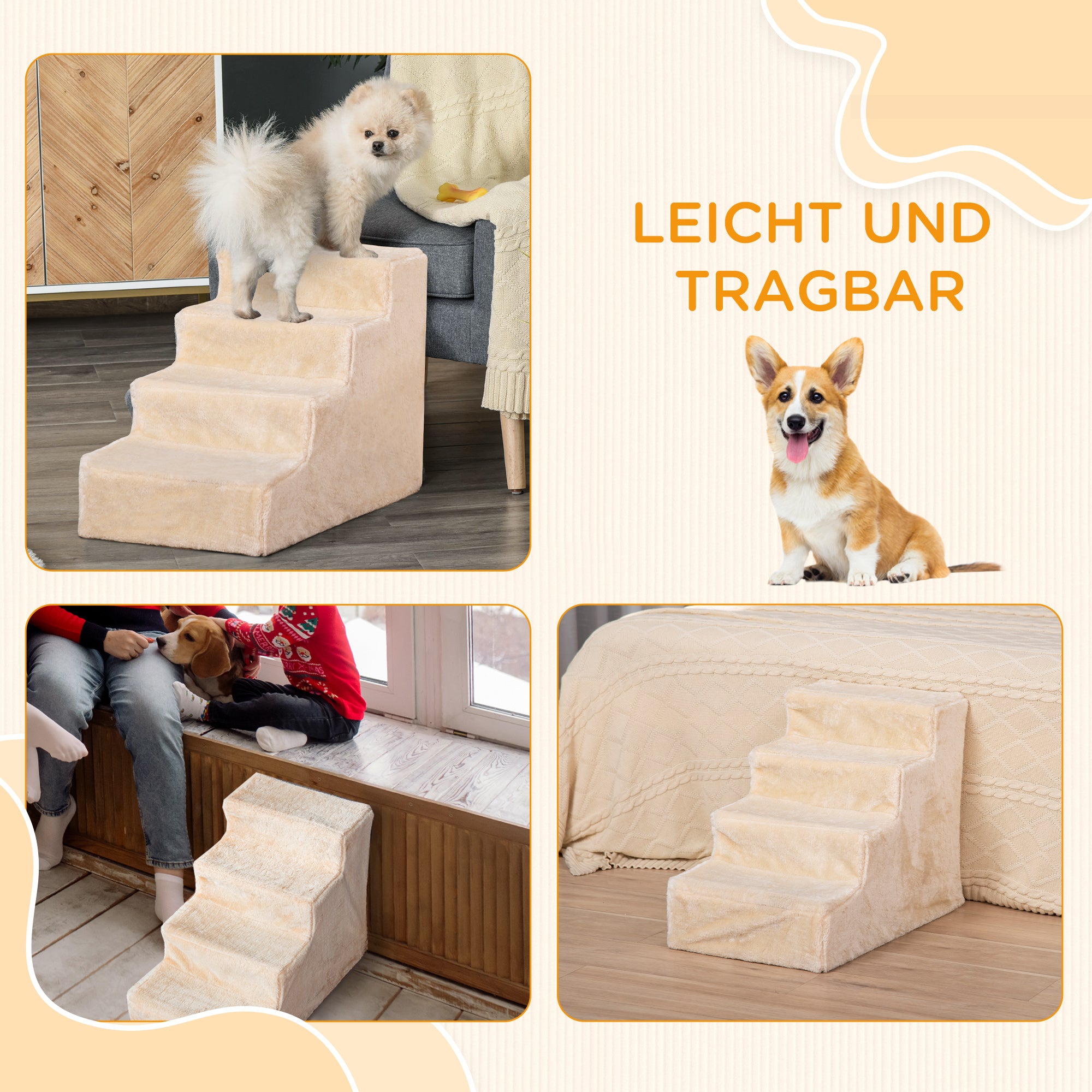 Pet Stairs 4-Step Ramp, Removable Cover, Chipboard Plush Beige