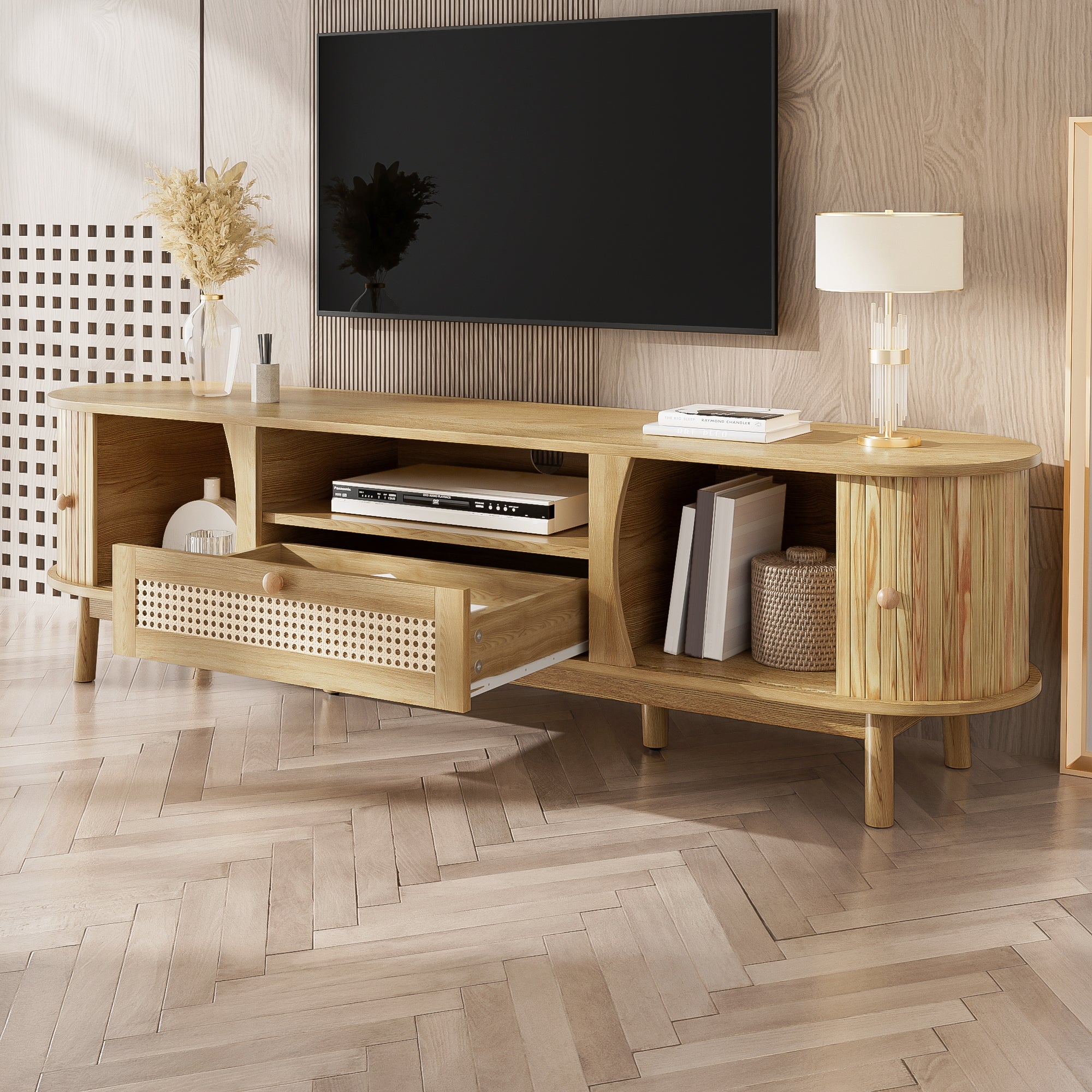 TV Cabinet Rattan Doors Drawers Low Profile - Country Style