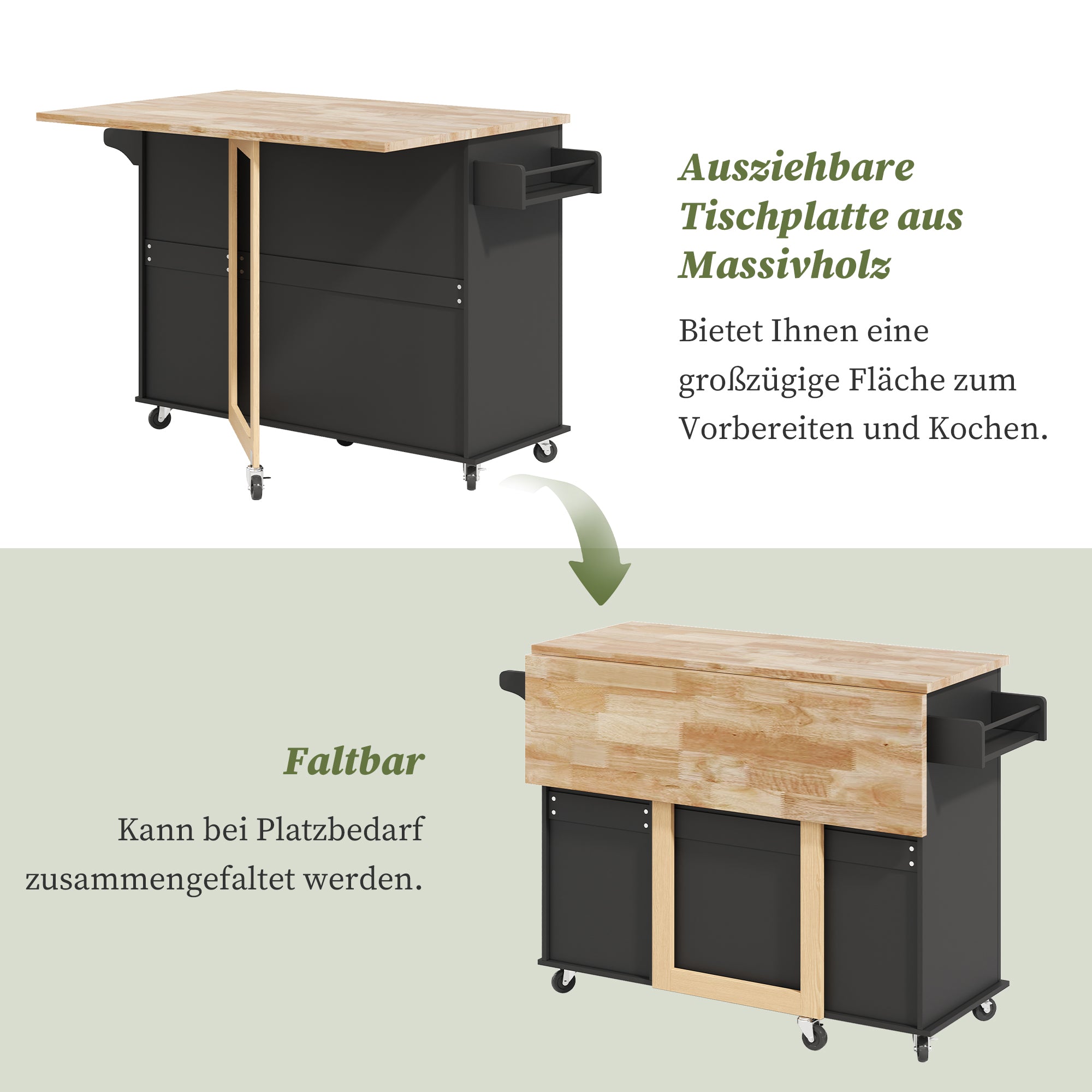 Mobile Kitchen Table with Foldable Worktop and 3 Drawers, Oak Look