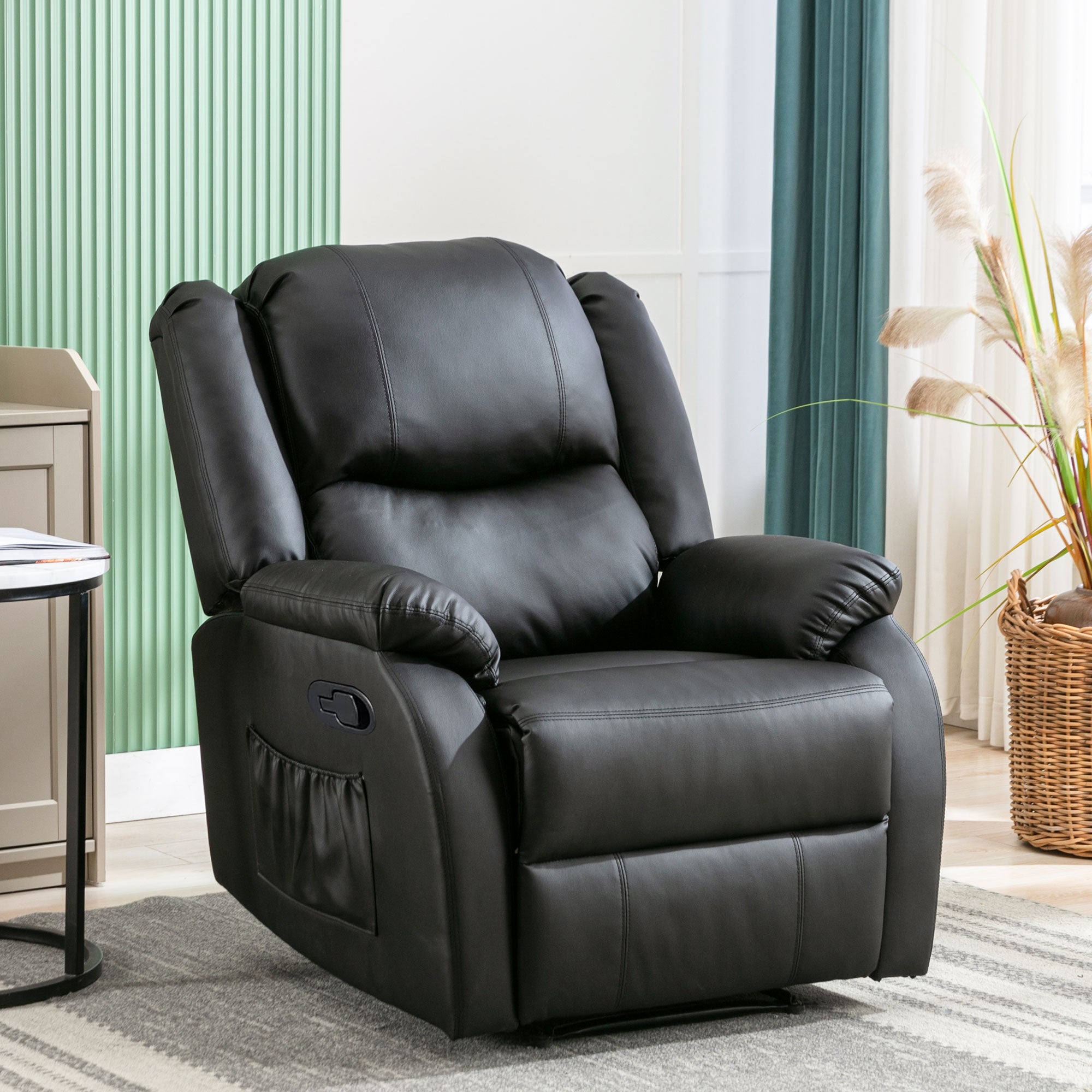 Recliner Chair, Adjustable Armchair with Side Pockets, PU Leather, Black