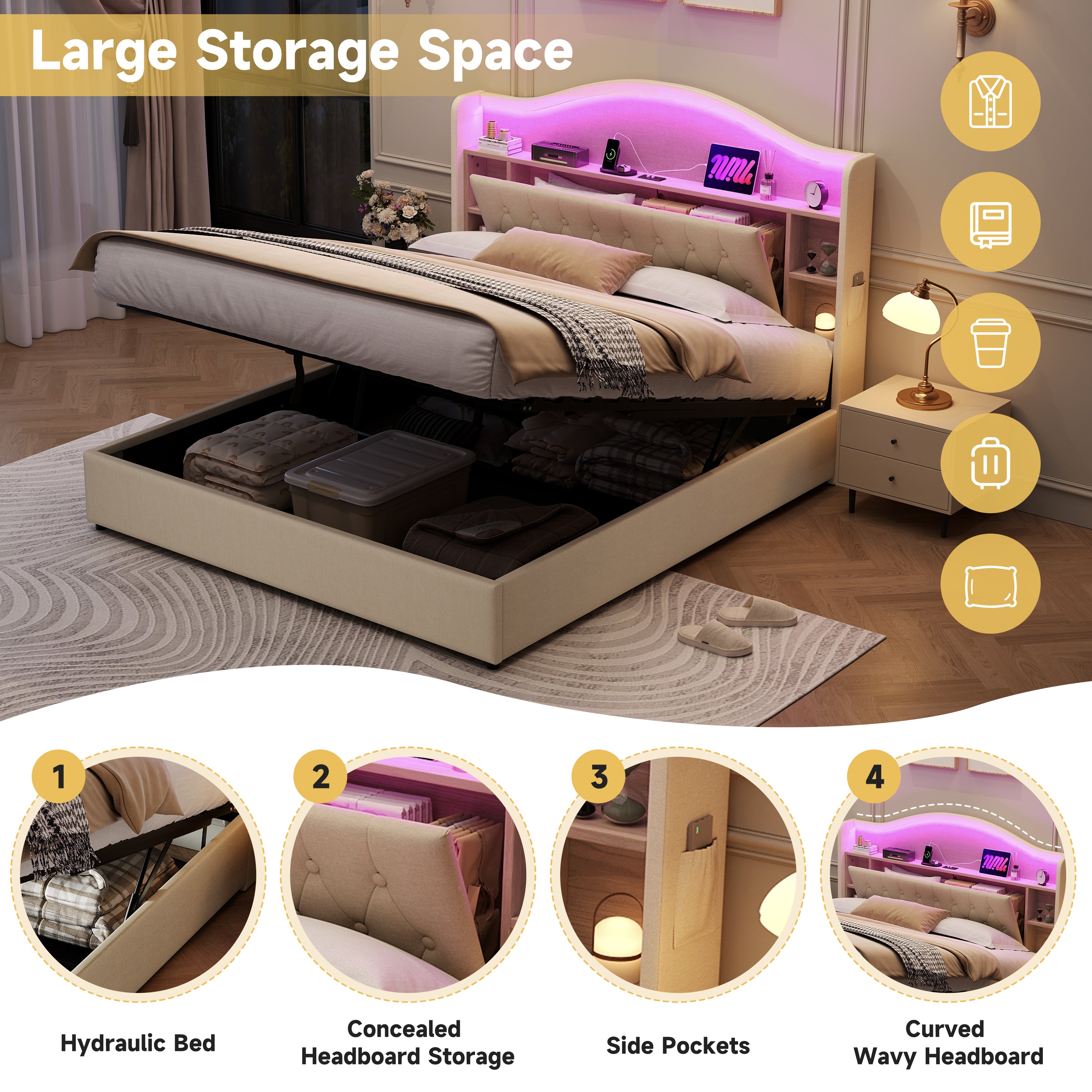 King Upholstered Bed Frame, Hydraulic Storage, LED Button Tufted Headboard w/ Charging Station, Linen Beige