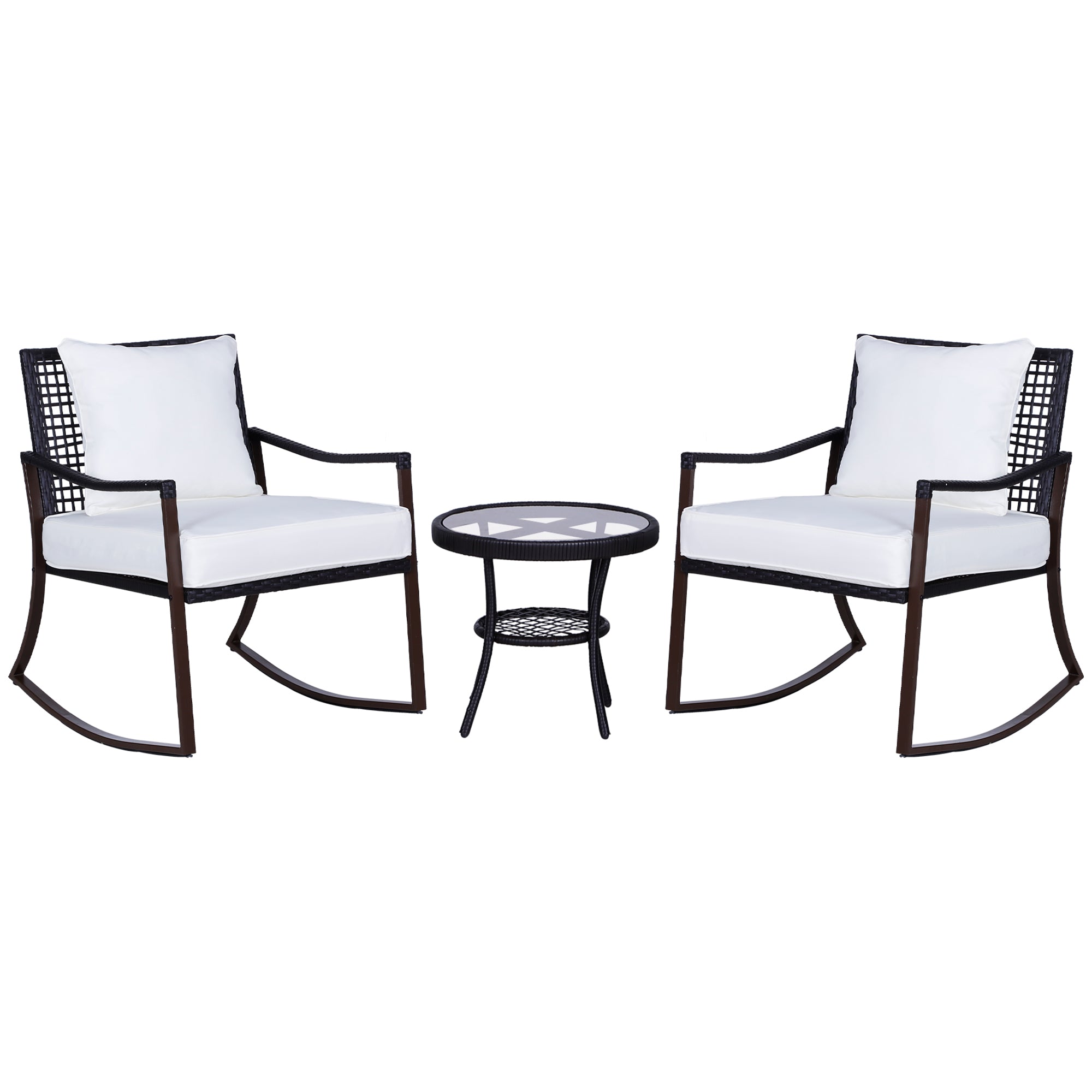 Rattan Bistro Set 3 Pieces Wicker Rocking Chairs Glass Top Table Brown