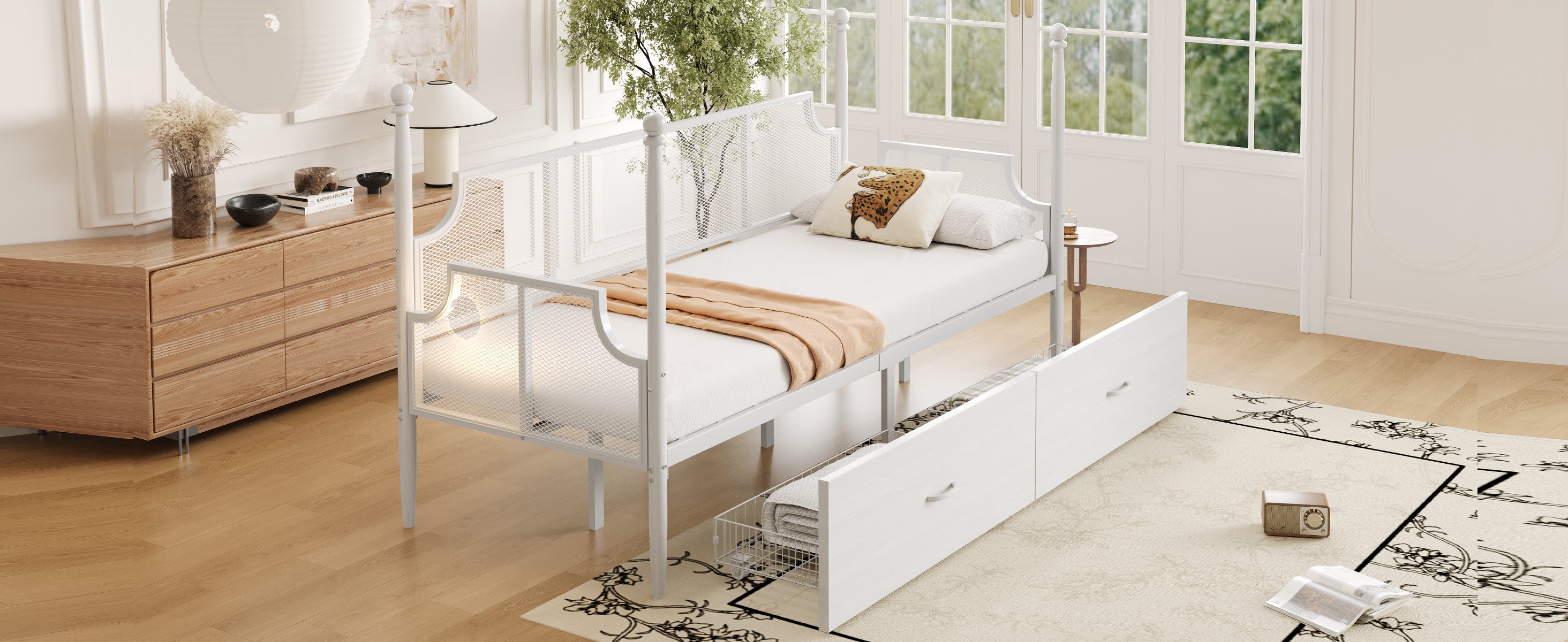 Iron Sofa Bed, 90x200 Vintage Mesh with Storage, White