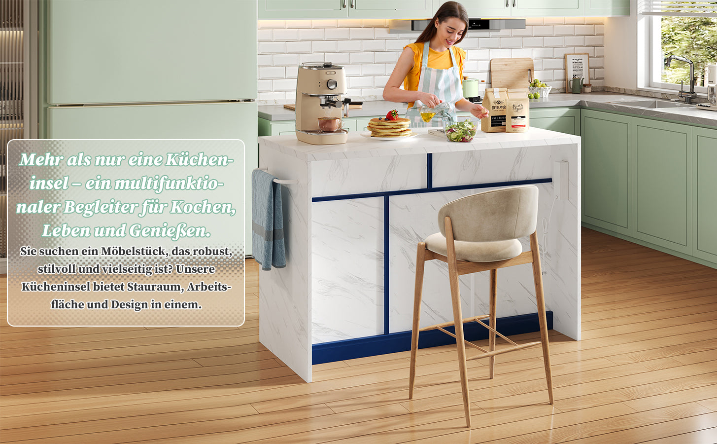 Kitchen Island with Power Outlets and Adjustable Shelves, Wood Look