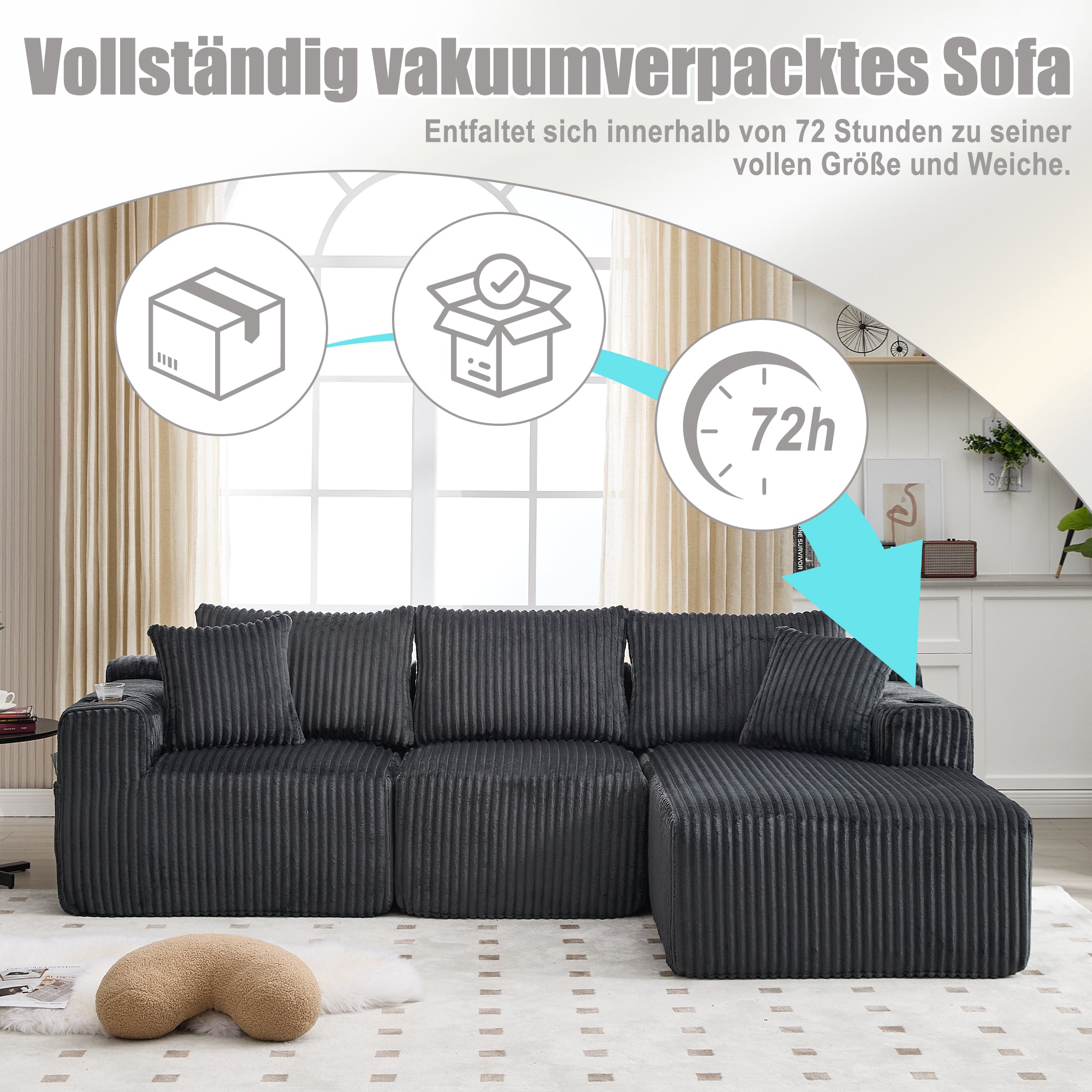 Modular Sofa Set Chaise 2-Seater Side Pockets Corduroy