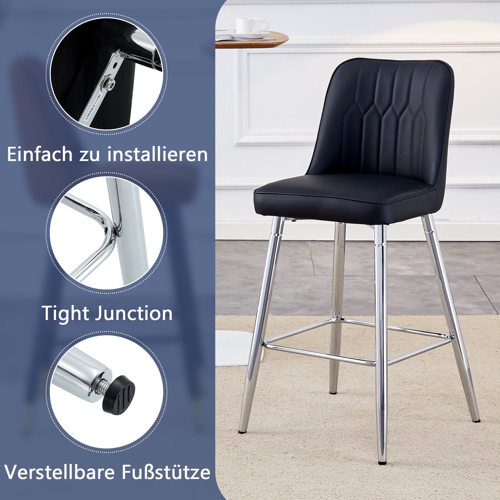 Set of 2 Bar Stools 100cm High with Footrest, Black PU Leather