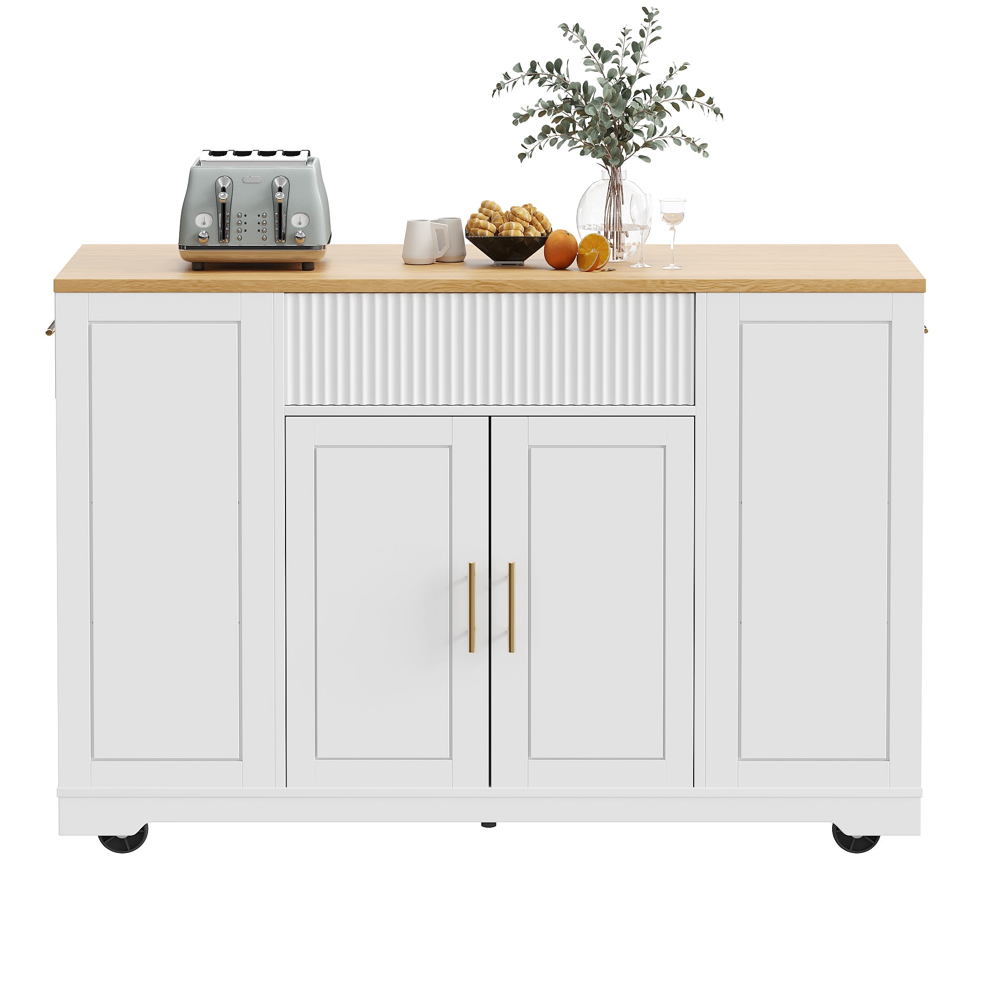 Kitchen Island with Wheels Waste Bin Storage 2 Doors 3 Drawers