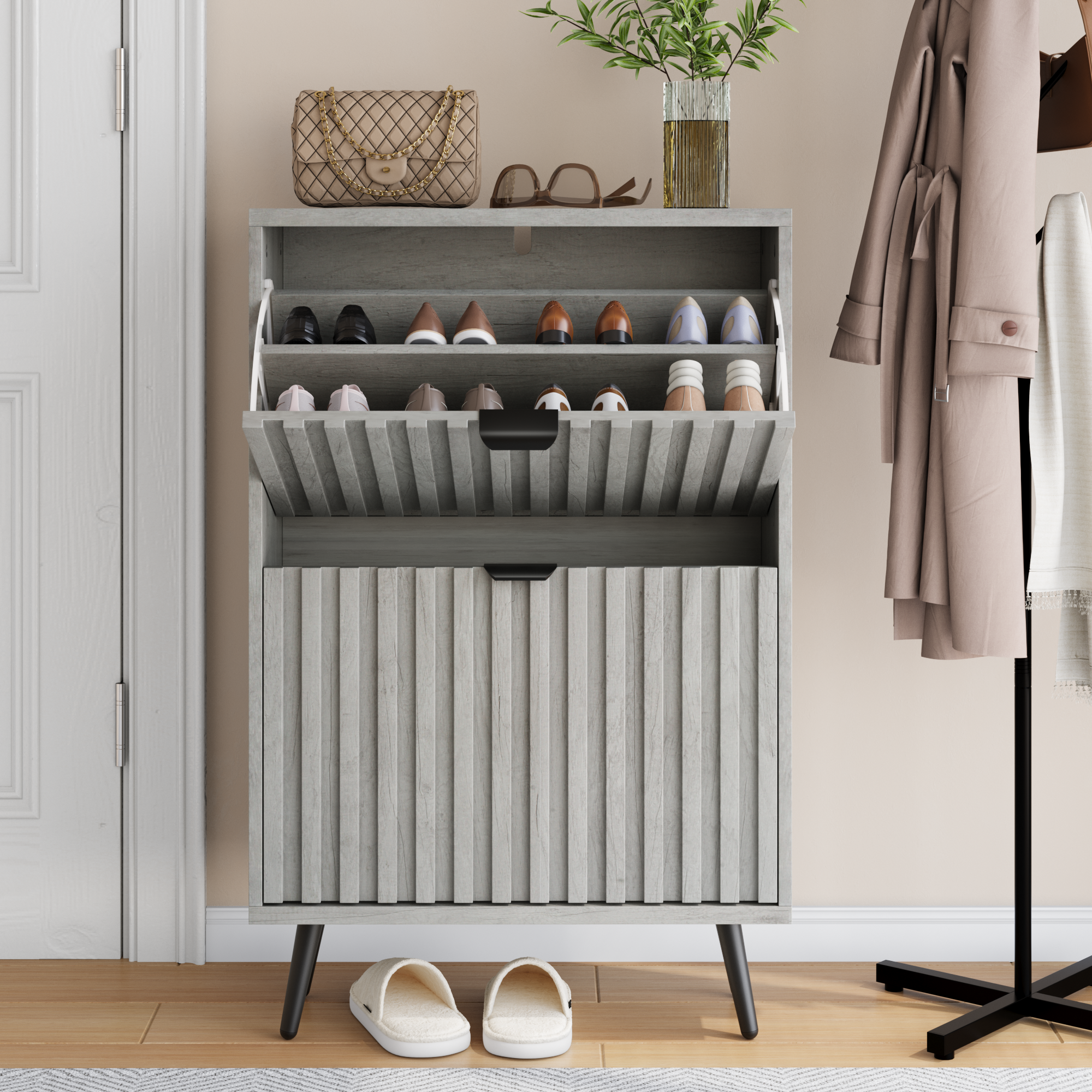 Shoe Cabinet 60cm with 2 Flip-Drawers, Grey