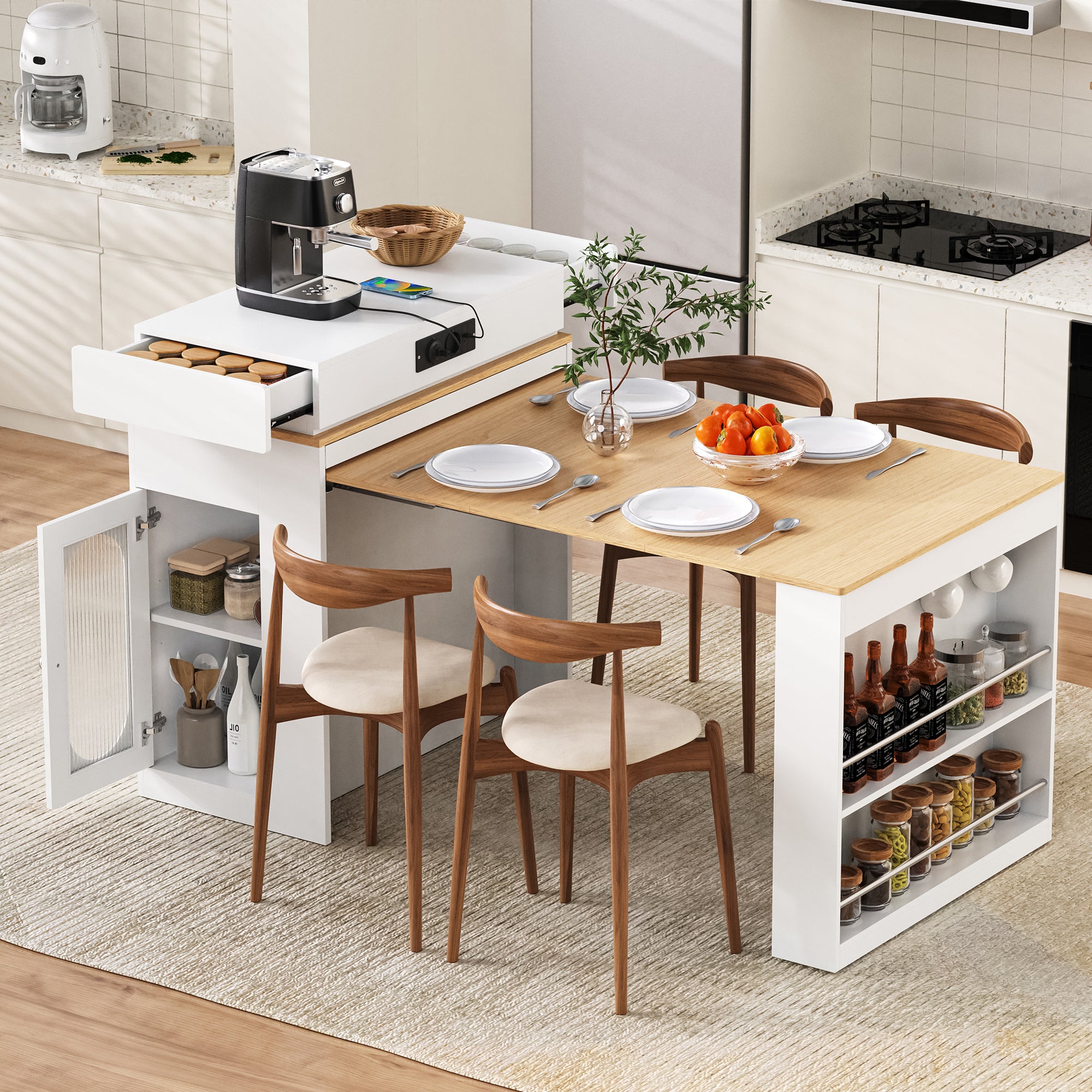 Kitchen Island with Wheels, Extendable Folding Tabletop, Power Strips & Hooks - White