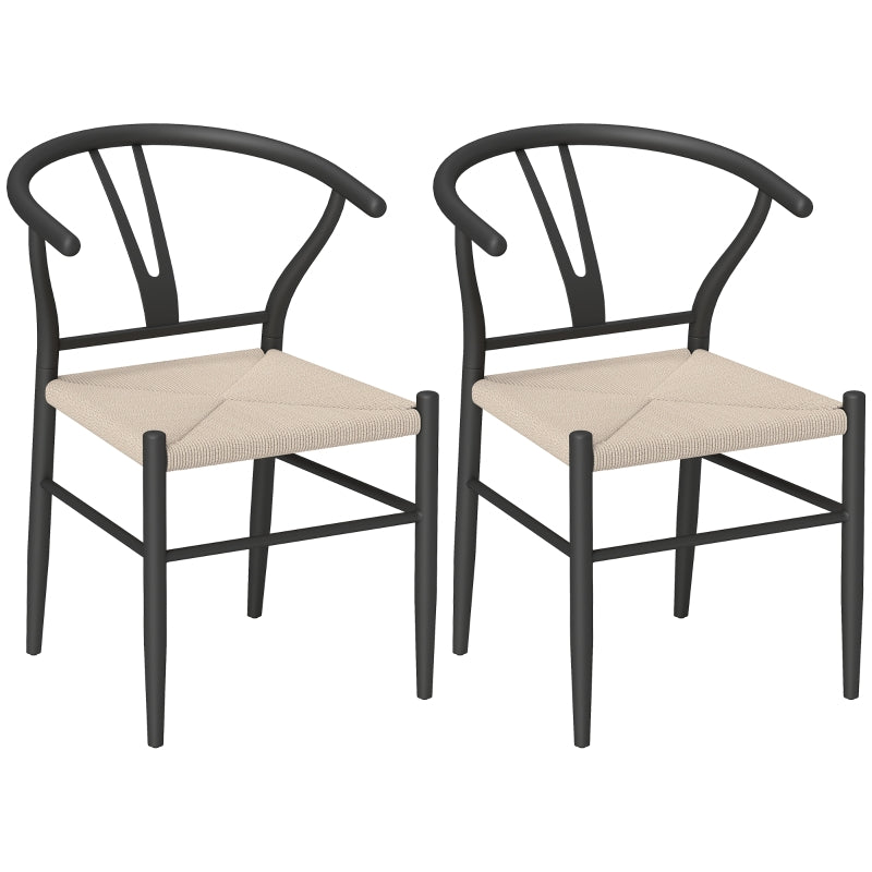 Set of Two Dining Chairs with Y-Shaped Backrest, Black/Beige Hemp