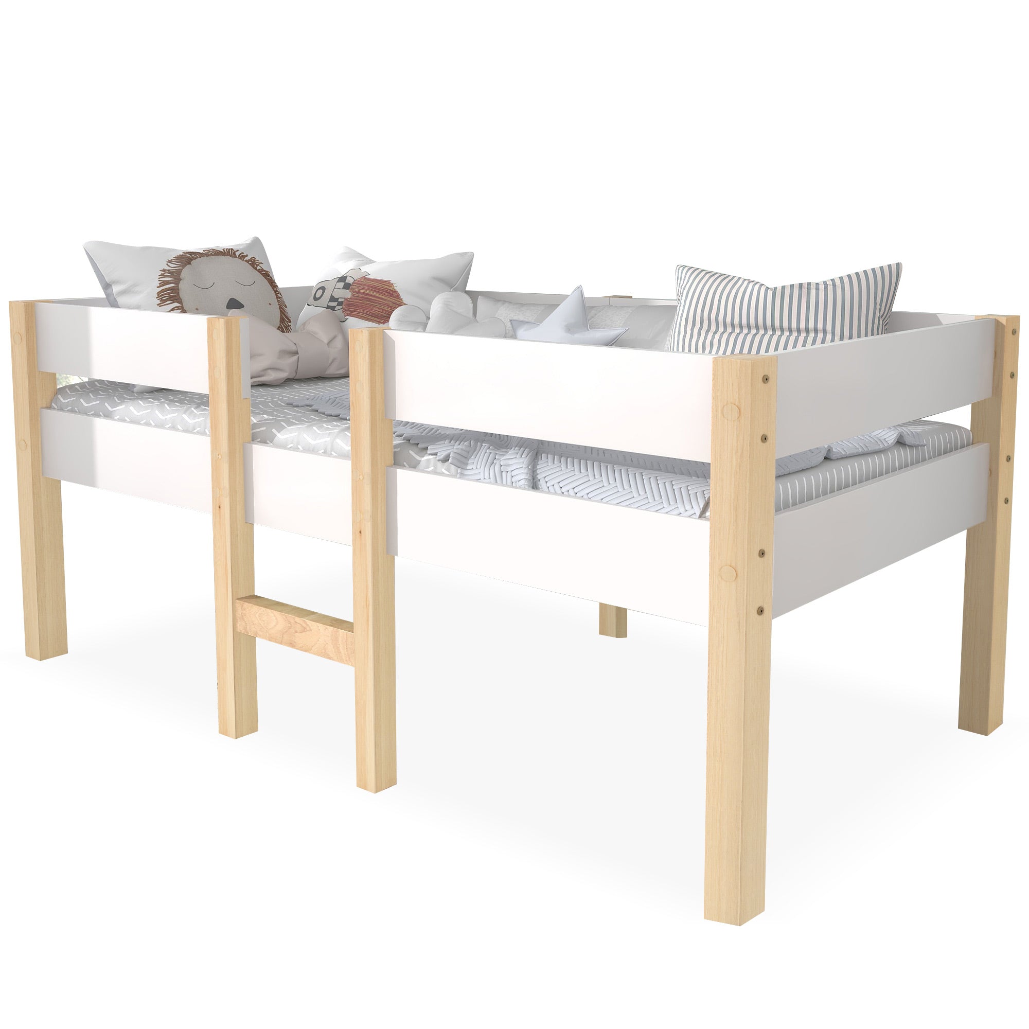 Children's bed with fall protection, 90x190 cm, solid pine wood, white & oak